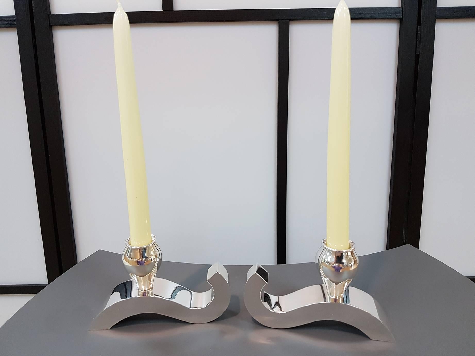 Late 20th Century 20th Century Italian Sterling Silver Modern Candlesticks  For Sale