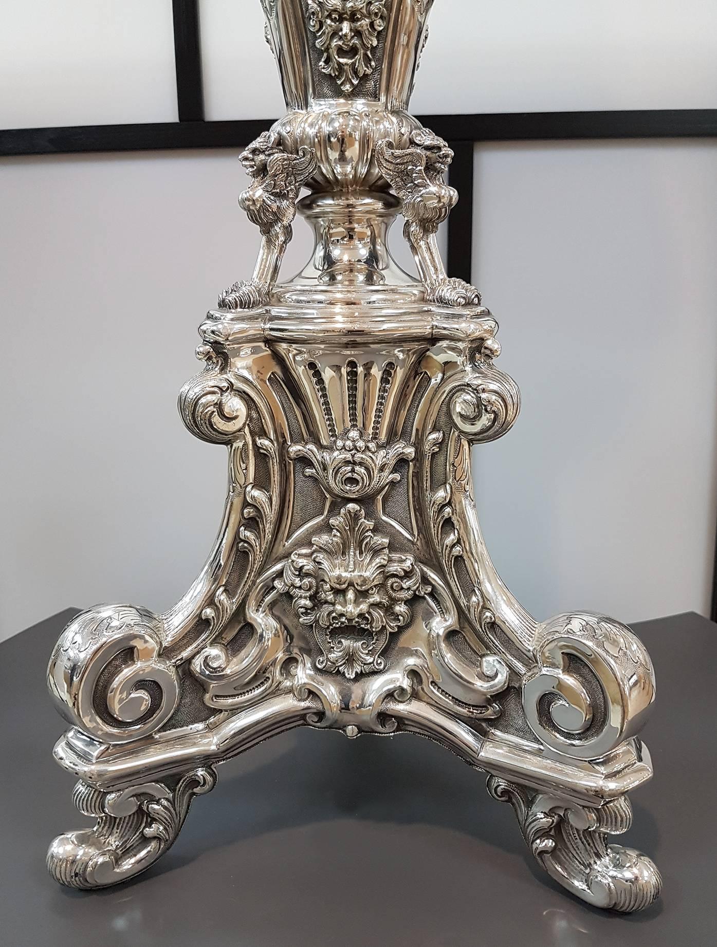 Baroque 20th Century Italian Silver Table Child Lamp. Embossed and ceased by hand For Sale