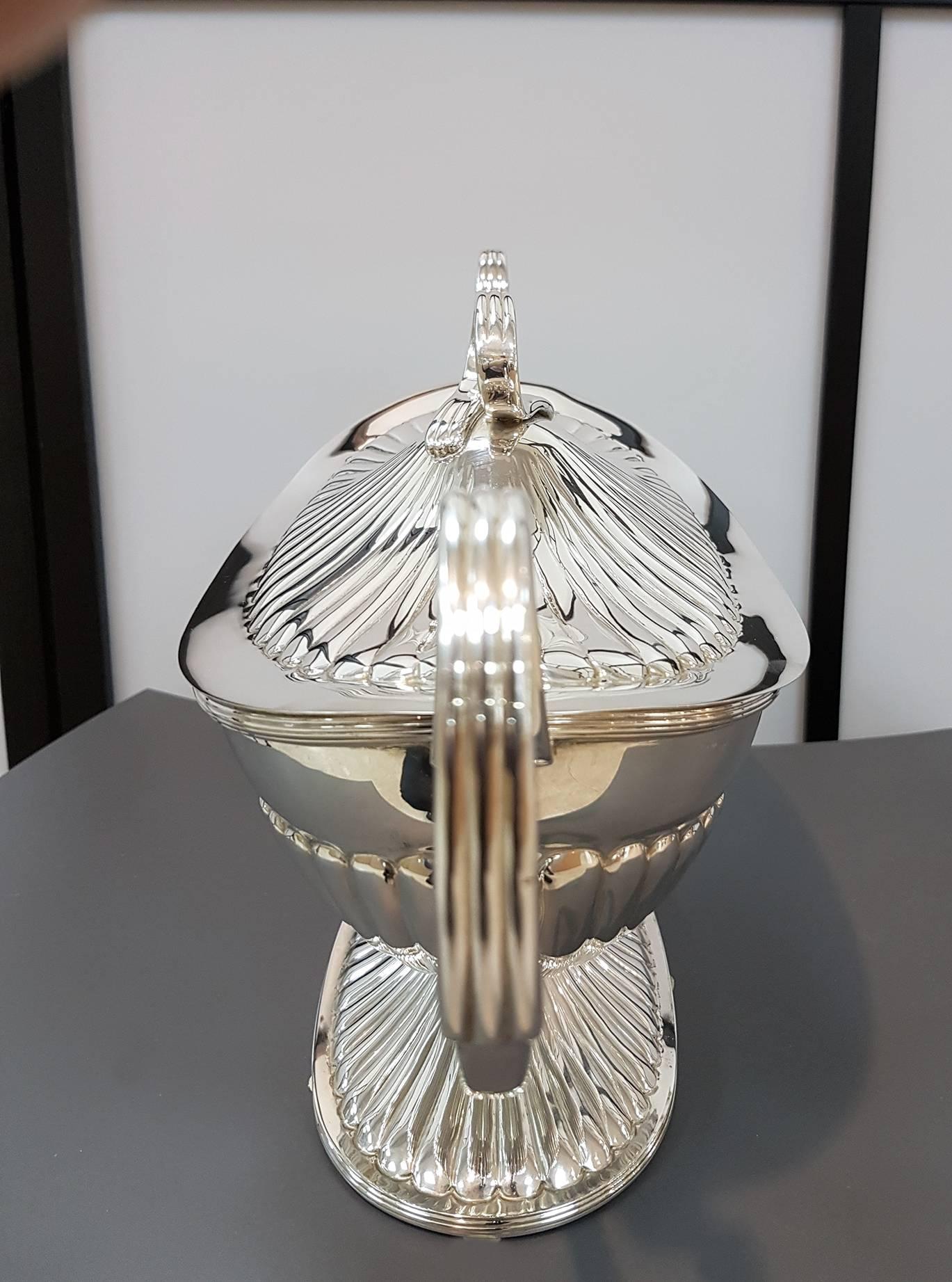 Adam Style 20th Century Italian Silver Tureen & Tray Adams revival. Enbossed ceased by hand For Sale
