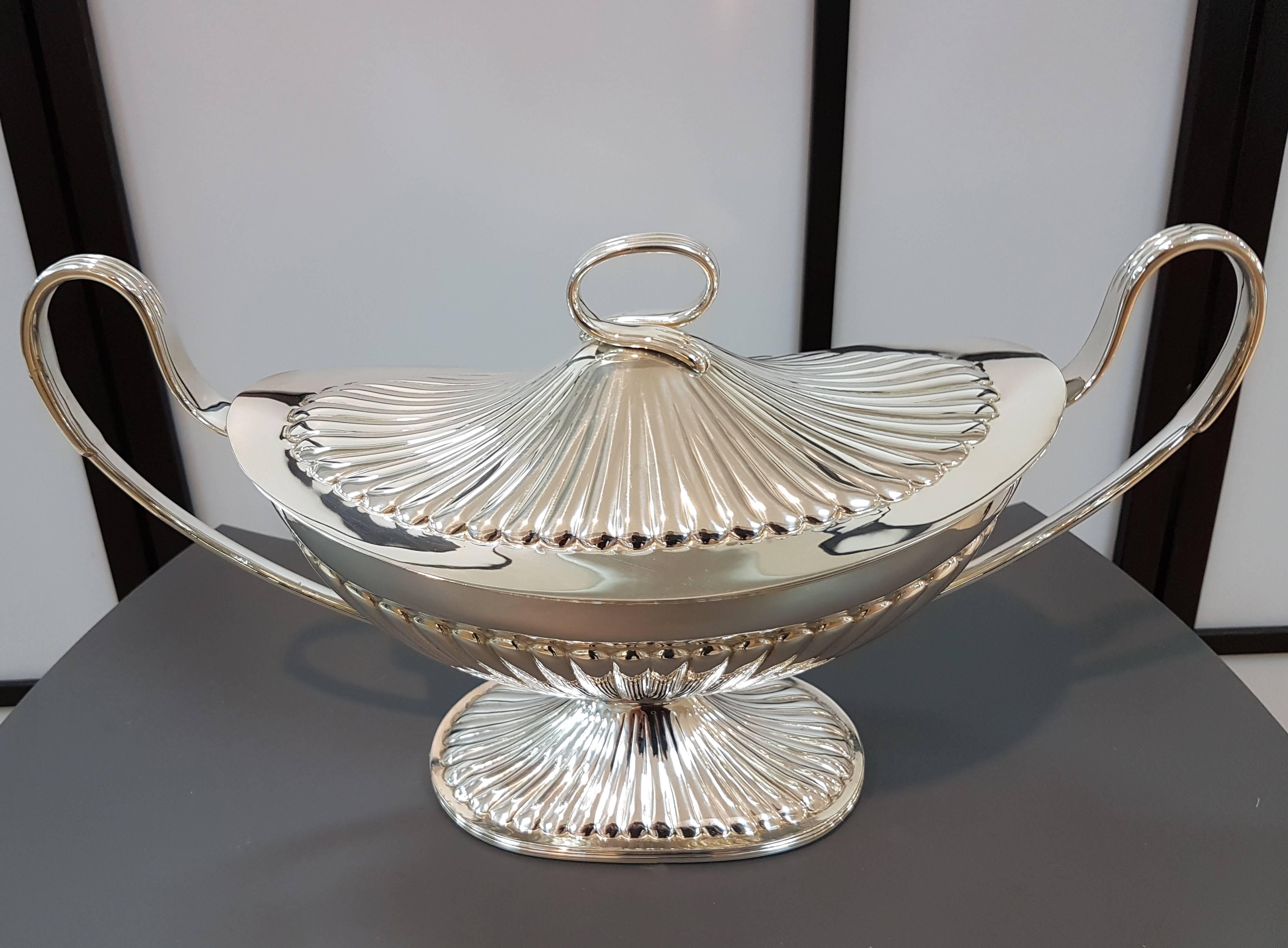 Gilt 20th Century Italian Silver Tureen & Tray Adams revival. Enbossed ceased by hand For Sale