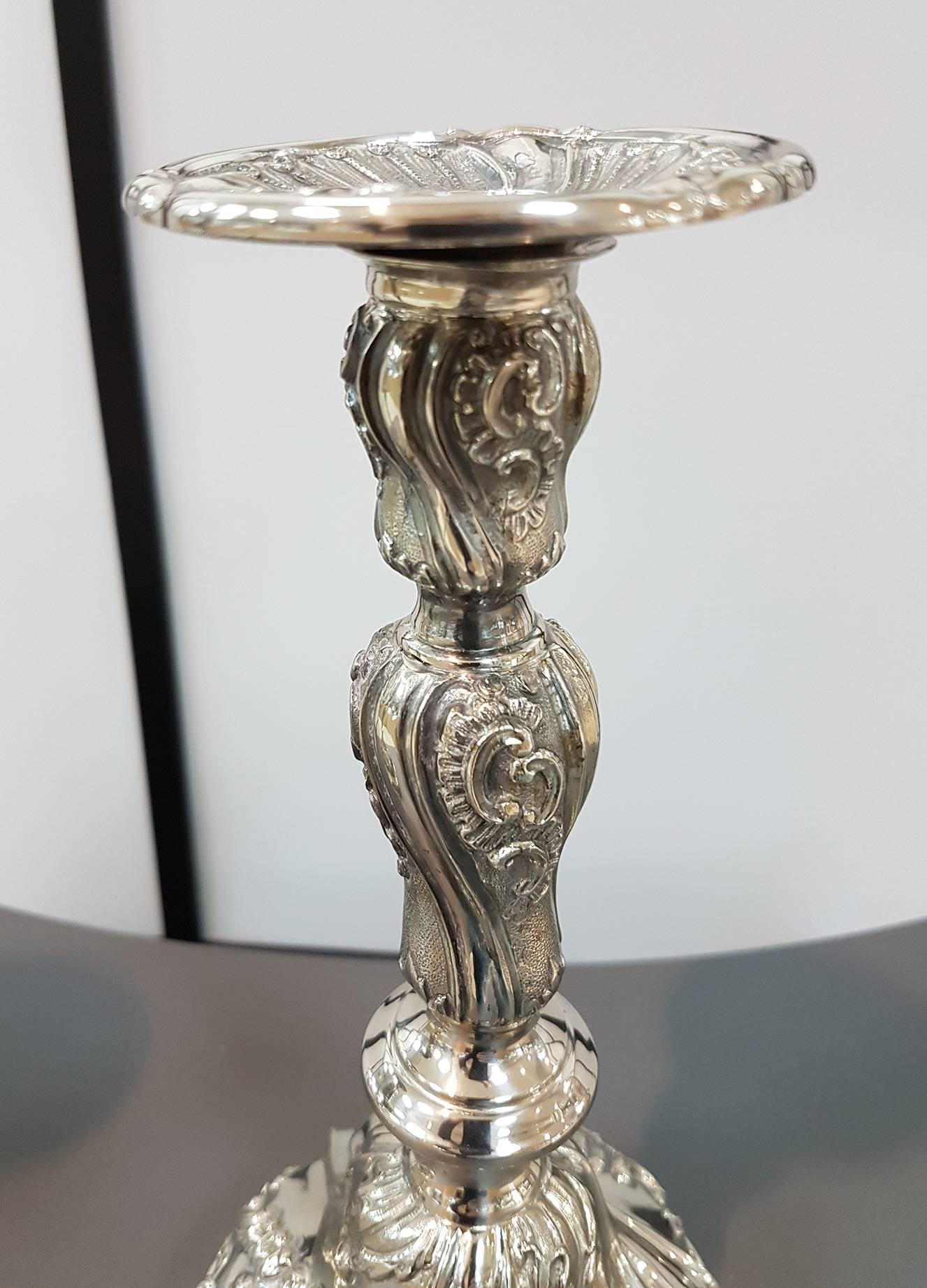 Engraved 20th Century Pair of Italian Silver Candlesticks Torretta fron Genoa revival For Sale