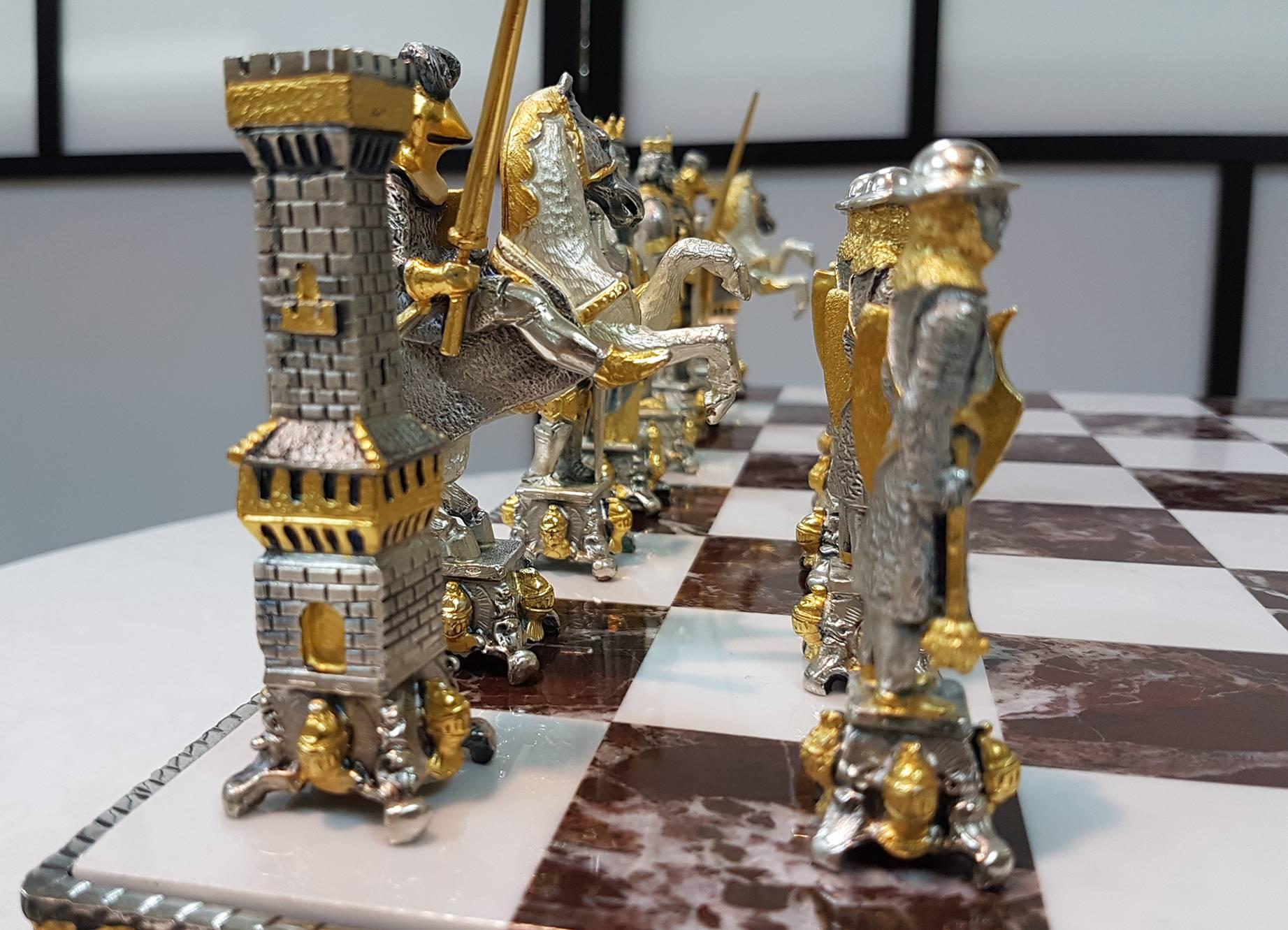 Gilt 20th Century Italian Sterling Silver Chess Board and Chess Game. Made in Italy