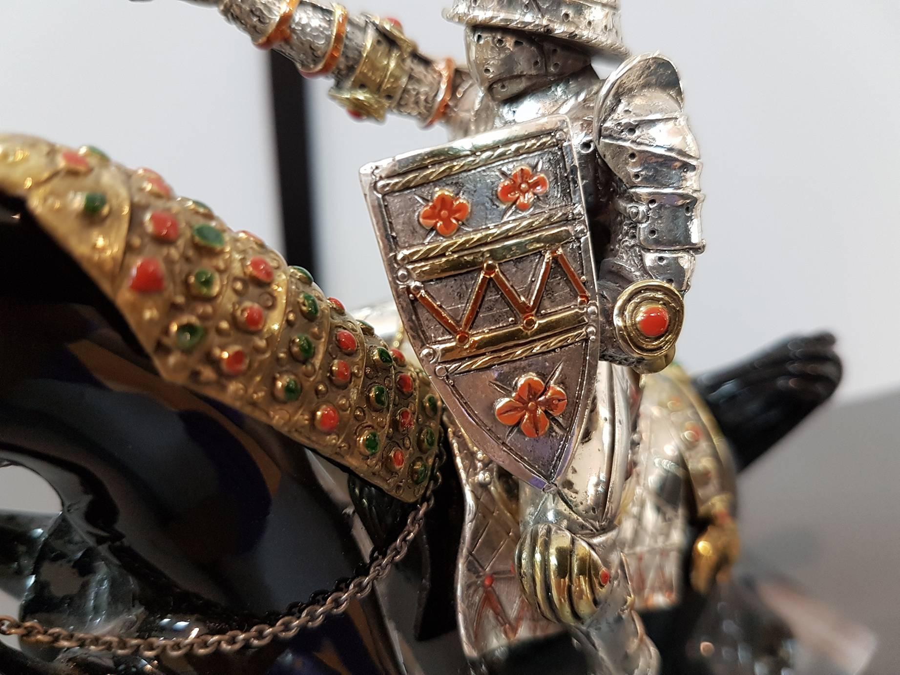 Italian 20th Century Made in Italy Sterling Silver Horse and Knight Armour For Sale