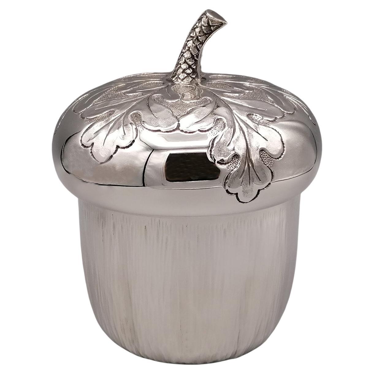 20th Century Italian Silver Box Embossed and Chiselled by Hand Acorn Shape For Sale