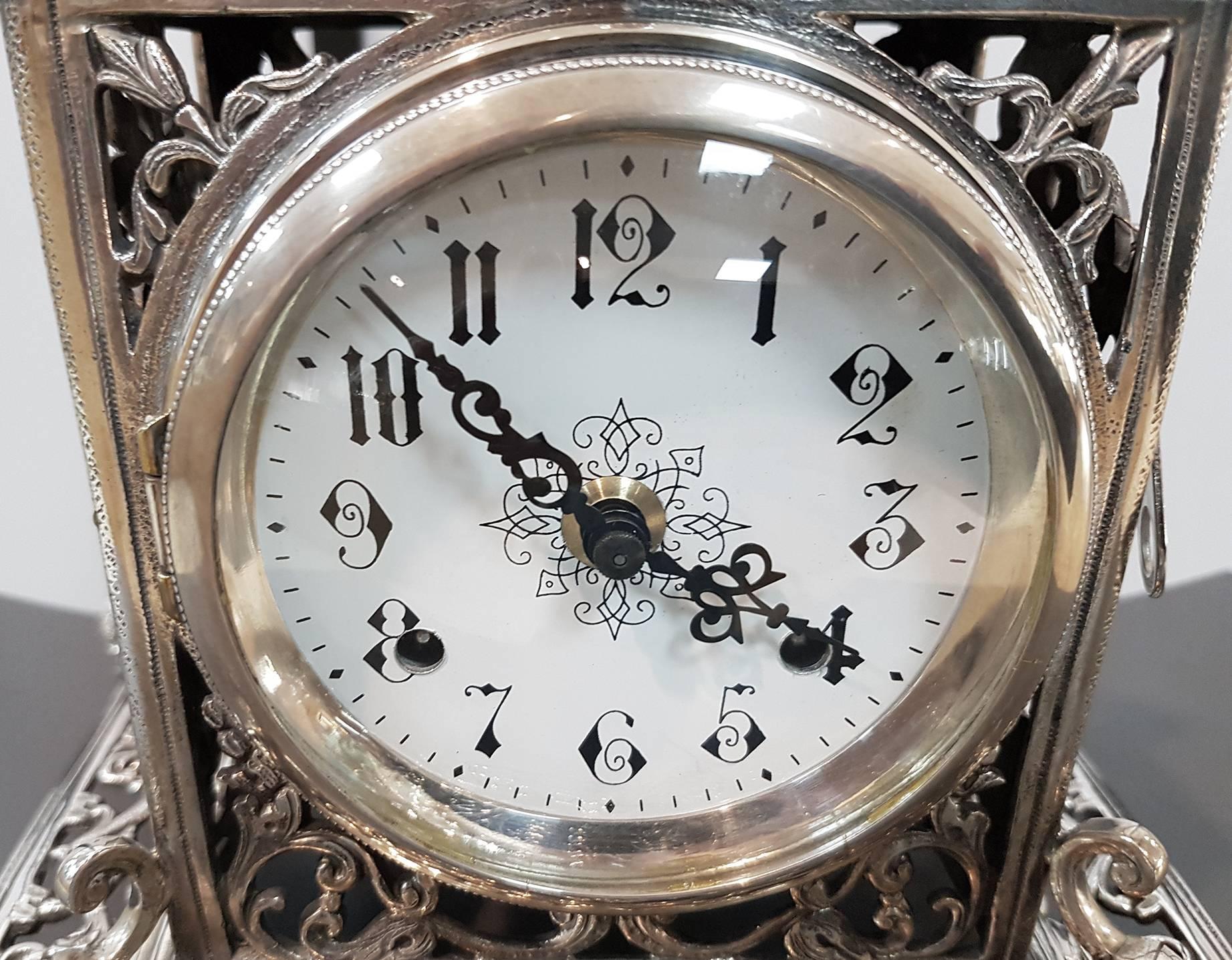 20th Century Italian Silver Gothic revival Table Clock. Casting and chisel In Excellent Condition For Sale In VALENZA, IT