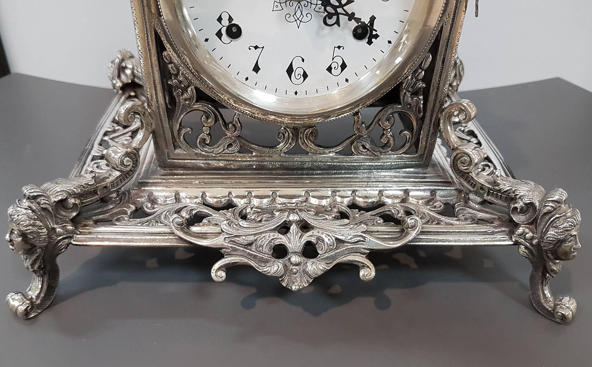 Late 20th Century 20th Century Italian Silver Gothic revival Table Clock. Casting and chisel For Sale