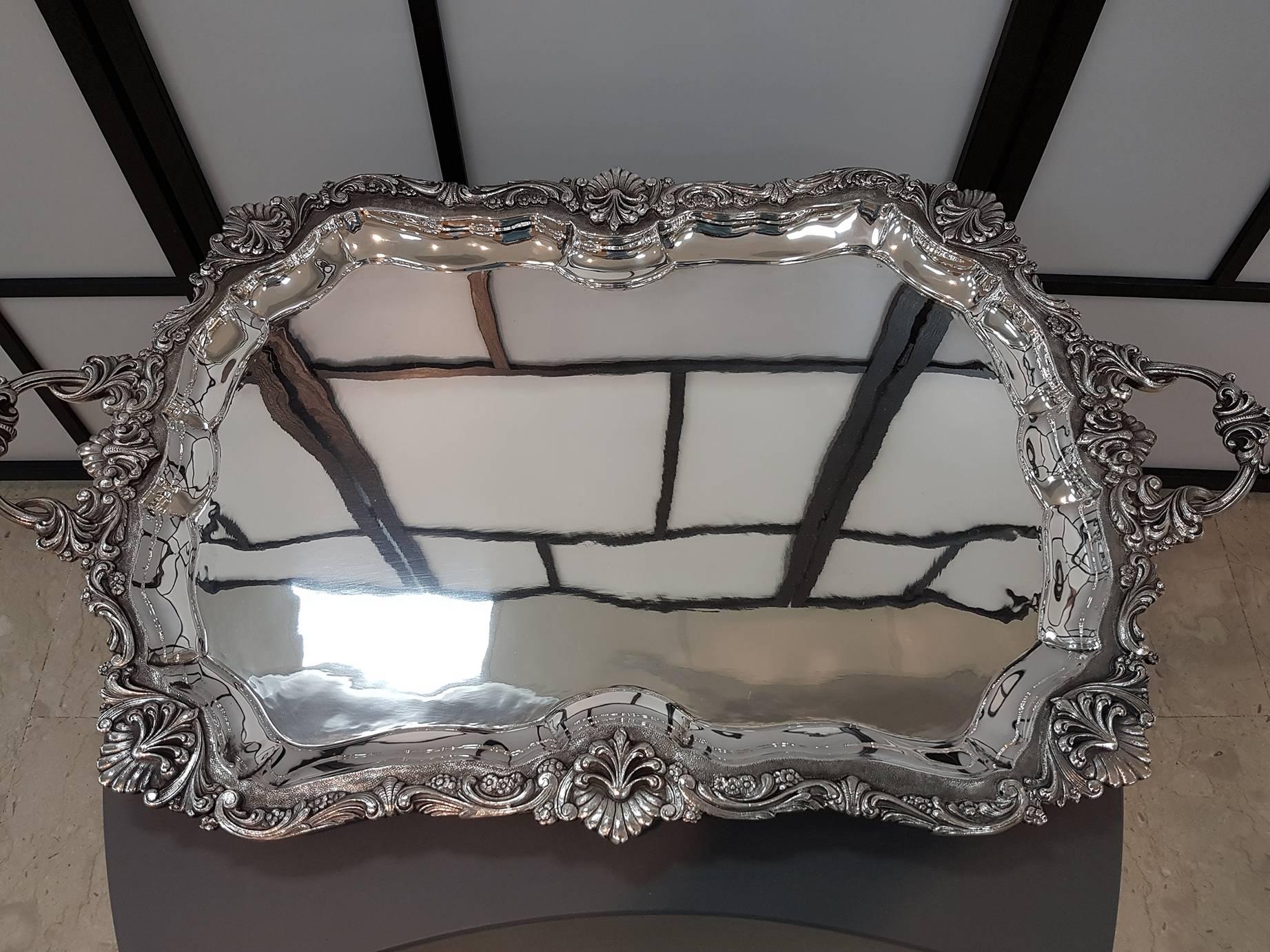Late 20th Century 20th Century Italian Sterling Silver Tray Baroque revival. Square smooth stand 
