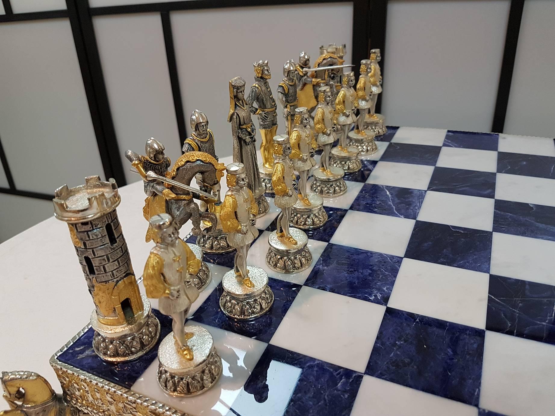 Renaissance 20th Century Italian Sterling Silver Chess Board, Chess Game sodalite , marble