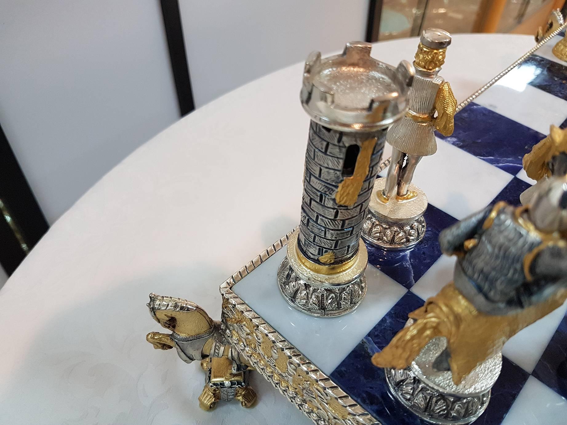 Hand-Crafted 20th Century Italian Sterling Silver Chess Board, Chess Game sodalite , marble