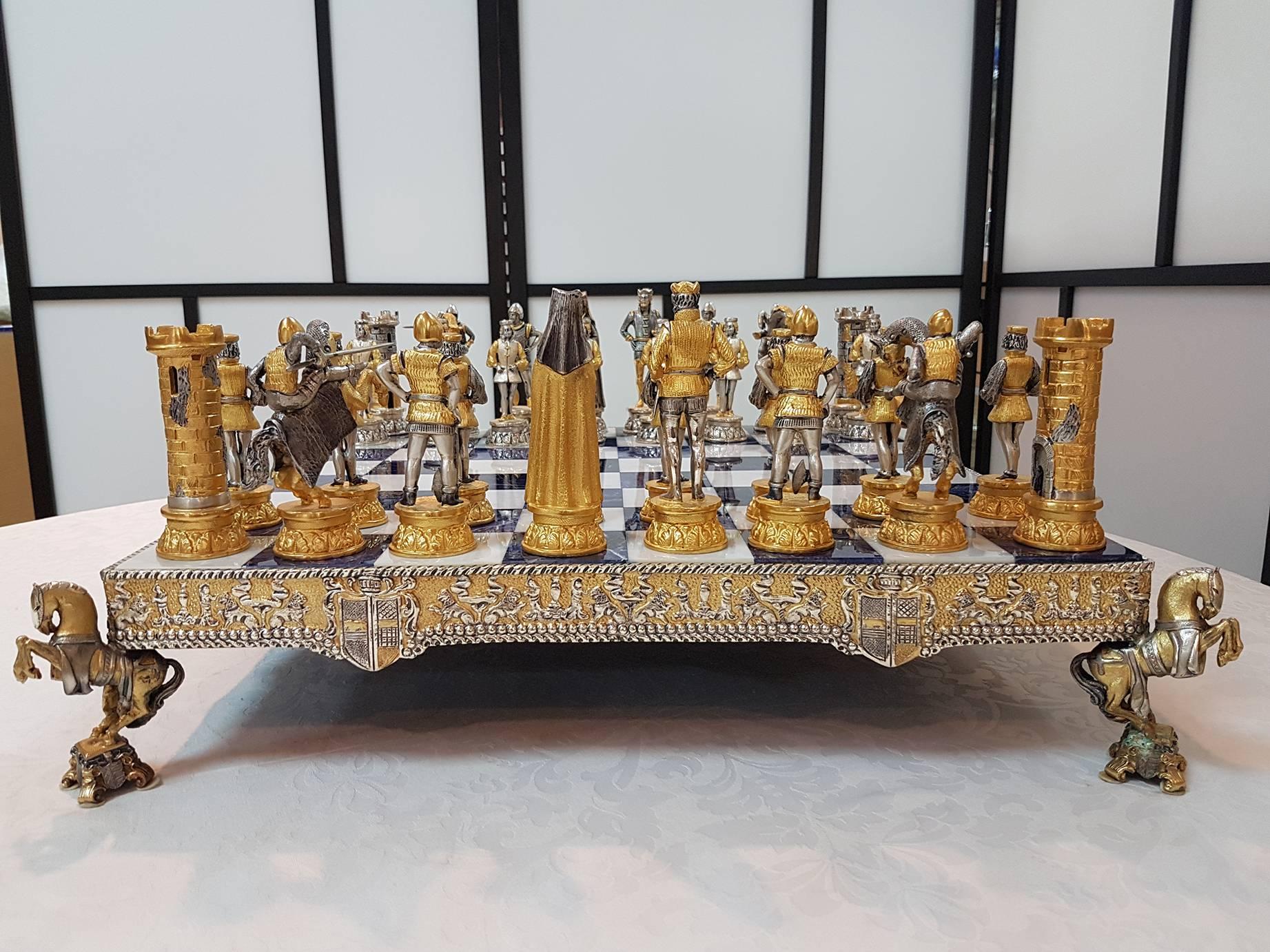 20th Century Italian Sterling Silver Chess Board, Chess Game sodalite , marble  In Excellent Condition In VALENZA, IT