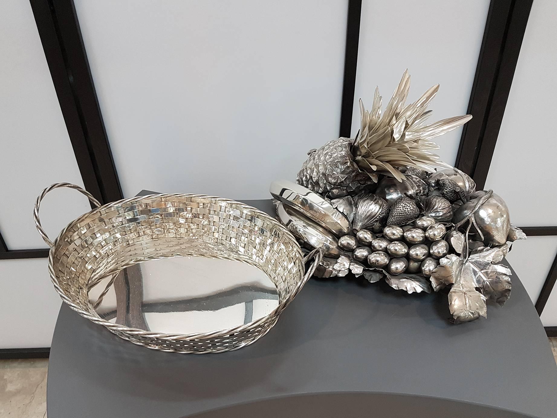 20th Century Italian Sterling Silver oval Basket with fruit Centrepiece 11