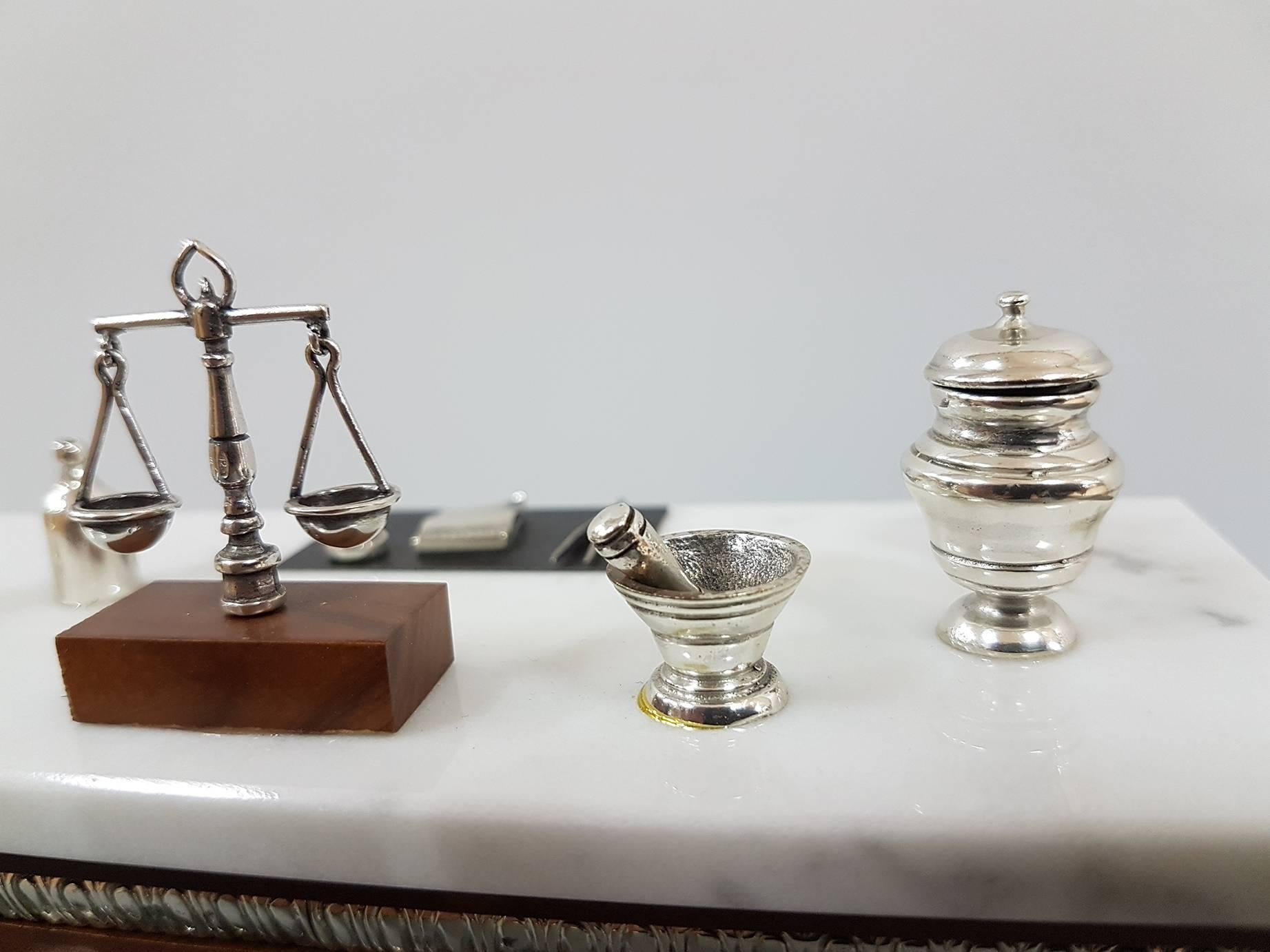 20th Century Italian Sterling Silver  Marble Miniature Pharmacist Workbench 9
