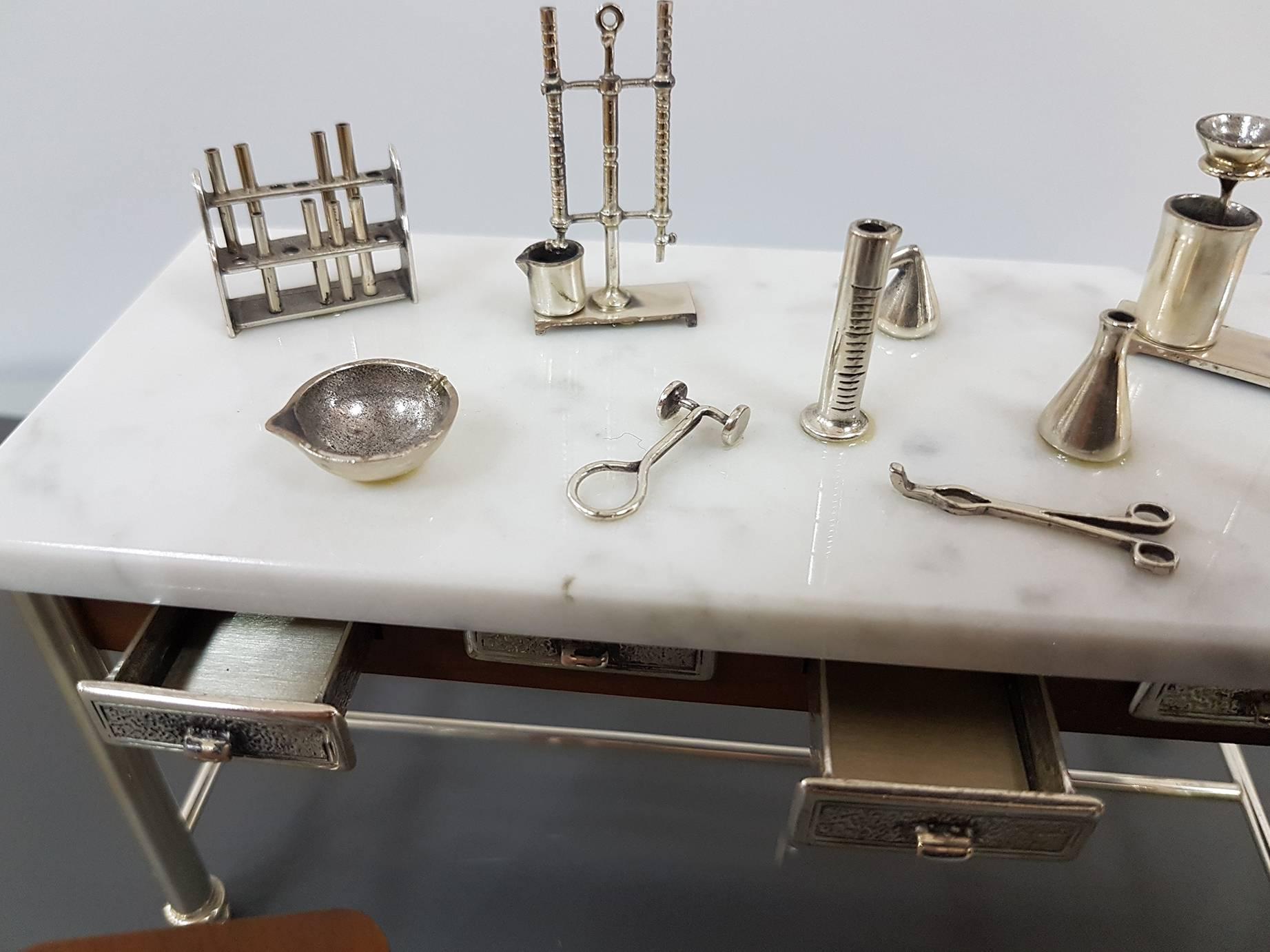 Other 20th Century Italian Sterling Silver - Marble Miniature Chemist Worktable