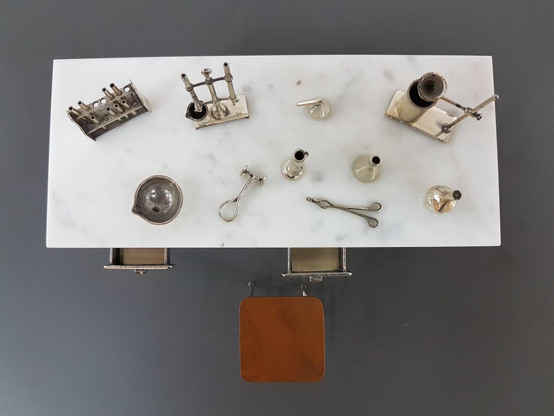 Hand-Crafted 20th Century Italian Sterling Silver - Marble Miniature Chemist Worktable