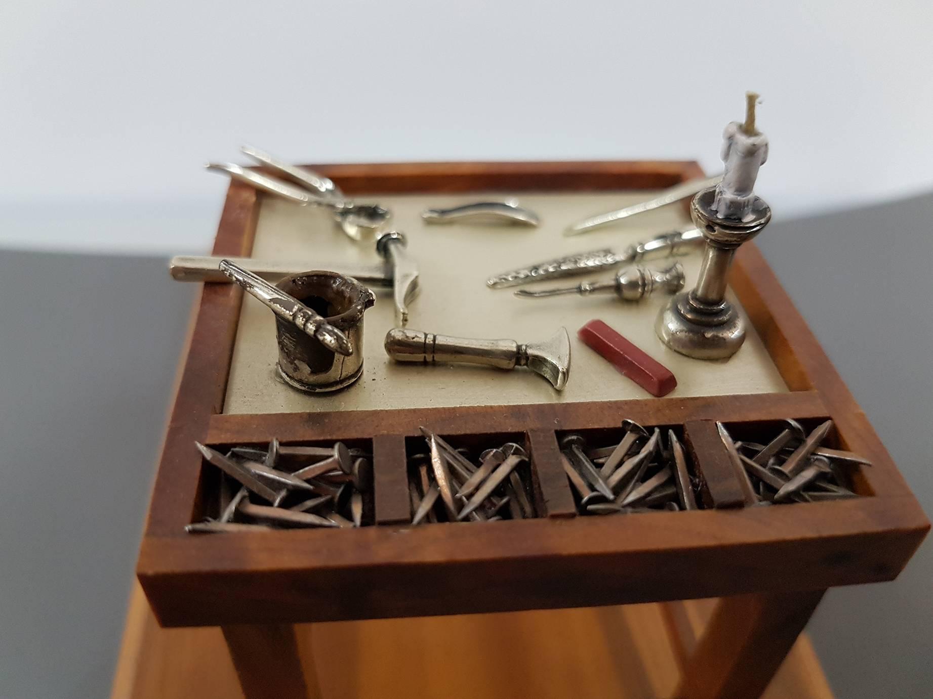 20th Century Italian Sterling Silver - Wood Miniature Cobbler Workshop In Good Condition In VALENZA, IT