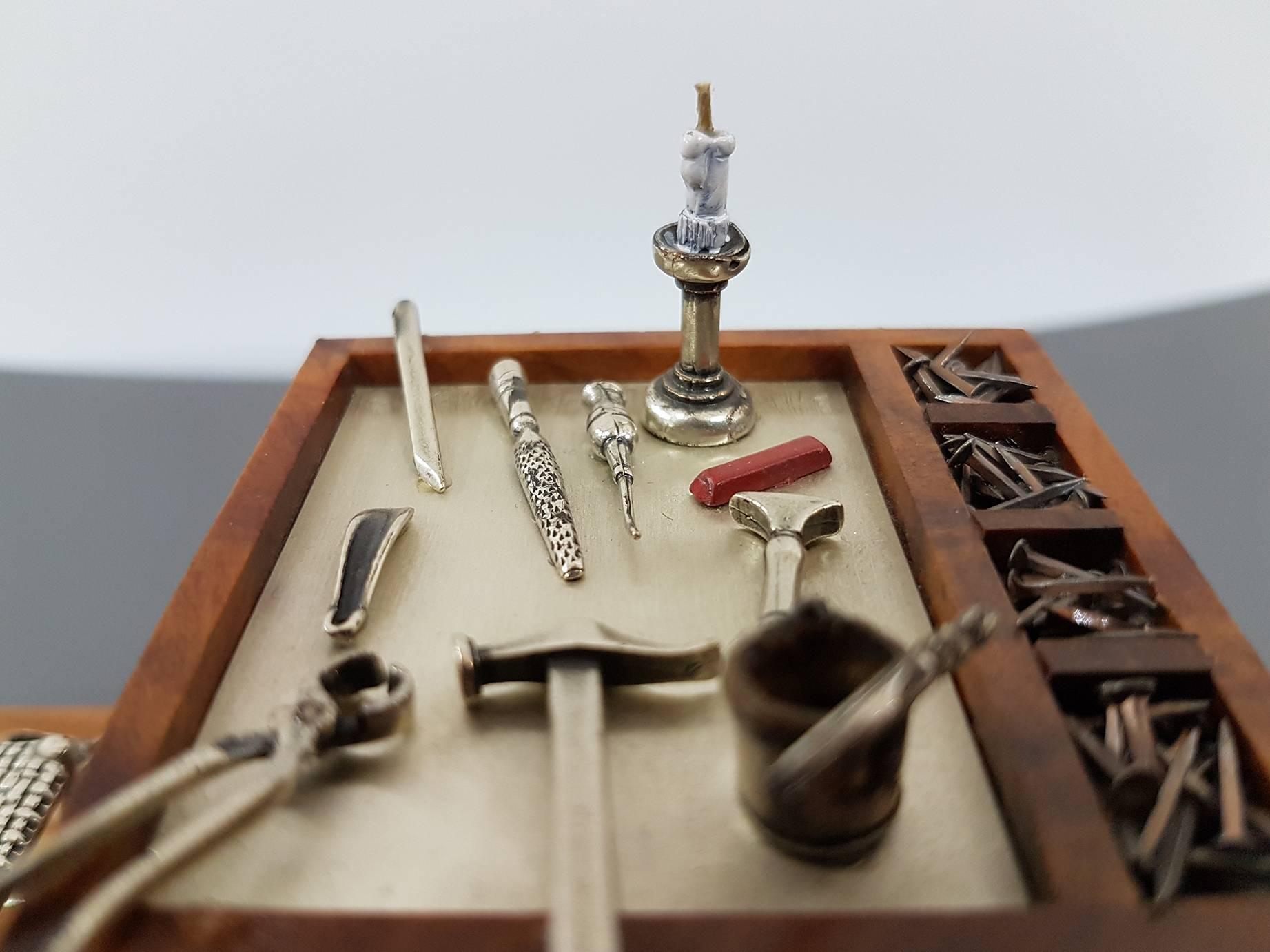 Late 20th Century 20th Century Italian Sterling Silver - Wood Miniature Cobbler Workshop
