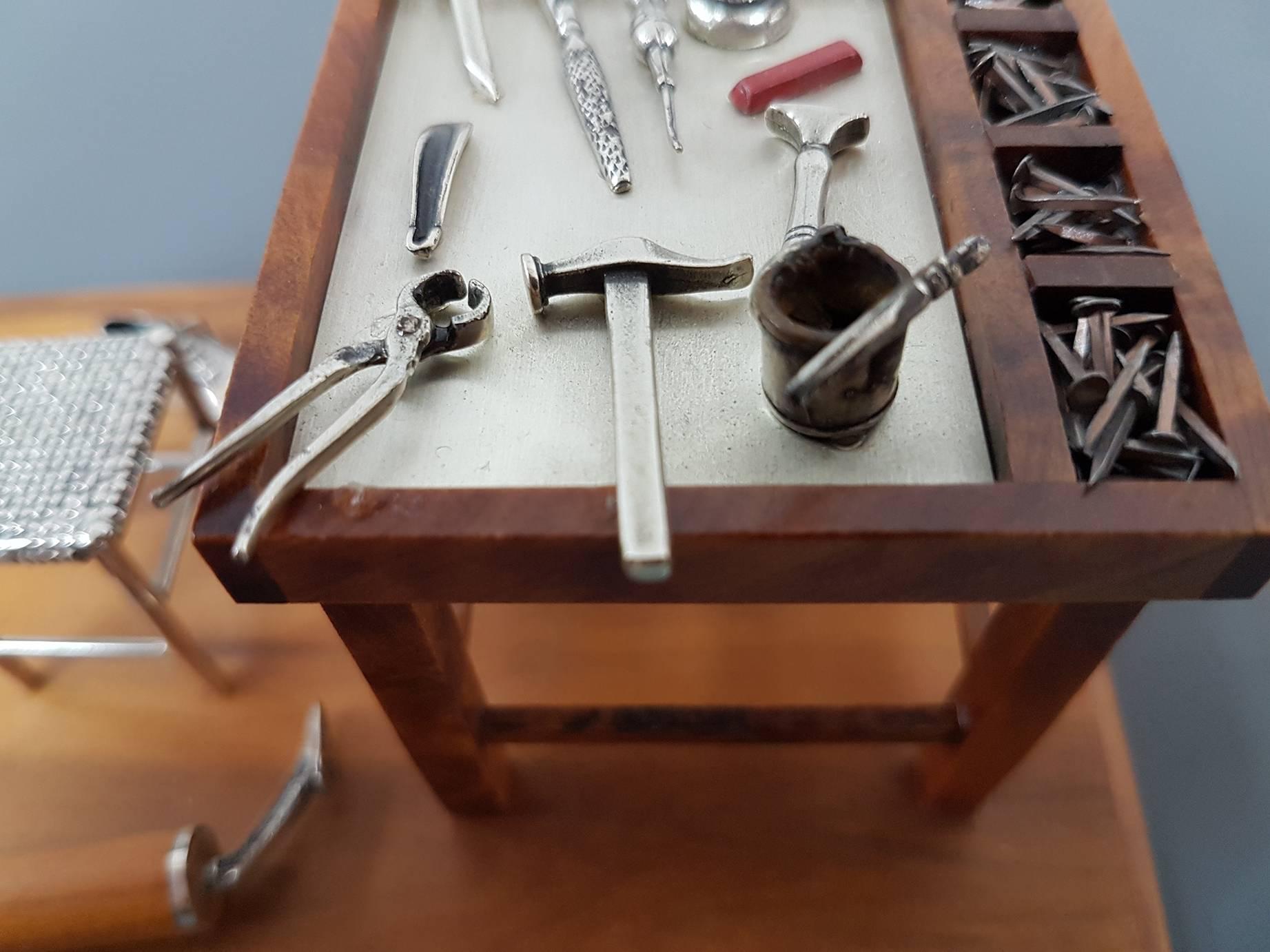 20th Century Italian Sterling Silver - Wood Miniature Cobbler Workshop 1