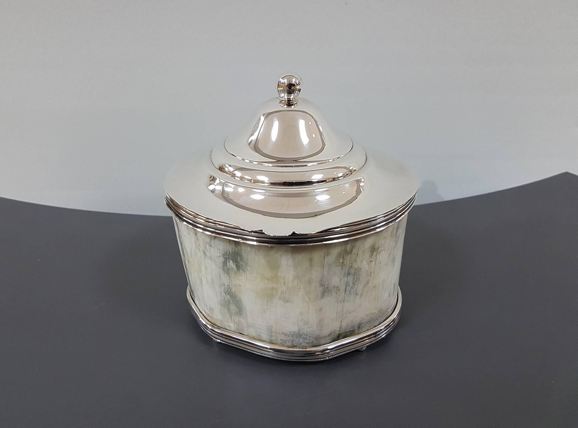 Ovale Tischschachtel aus italienischem Sterlingsilber, Naturhorn, 20. Jahrhundert im Angebot 1