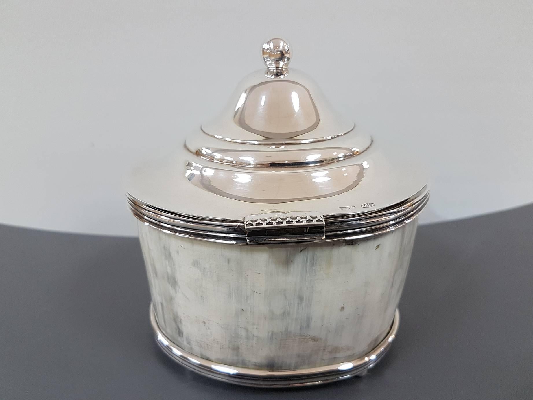 20th Century Italian Sterling Silver, Natural Horn Oval Table Box For Sale 4