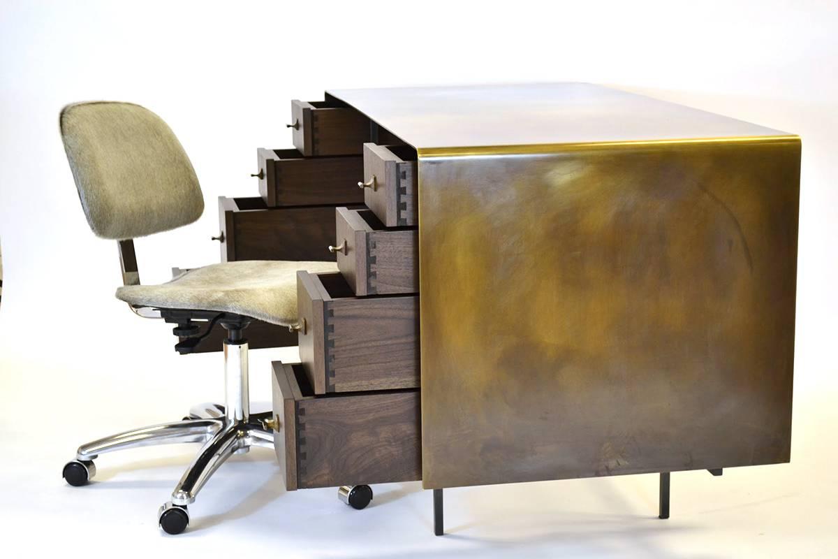 Contemporary Custom Bent Office/Writing Desk, Made of Bronze and Walnut Drawers For Sale
