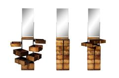 Semainire moderne en laiton bruni avec tiroirs rotatifs en noyer