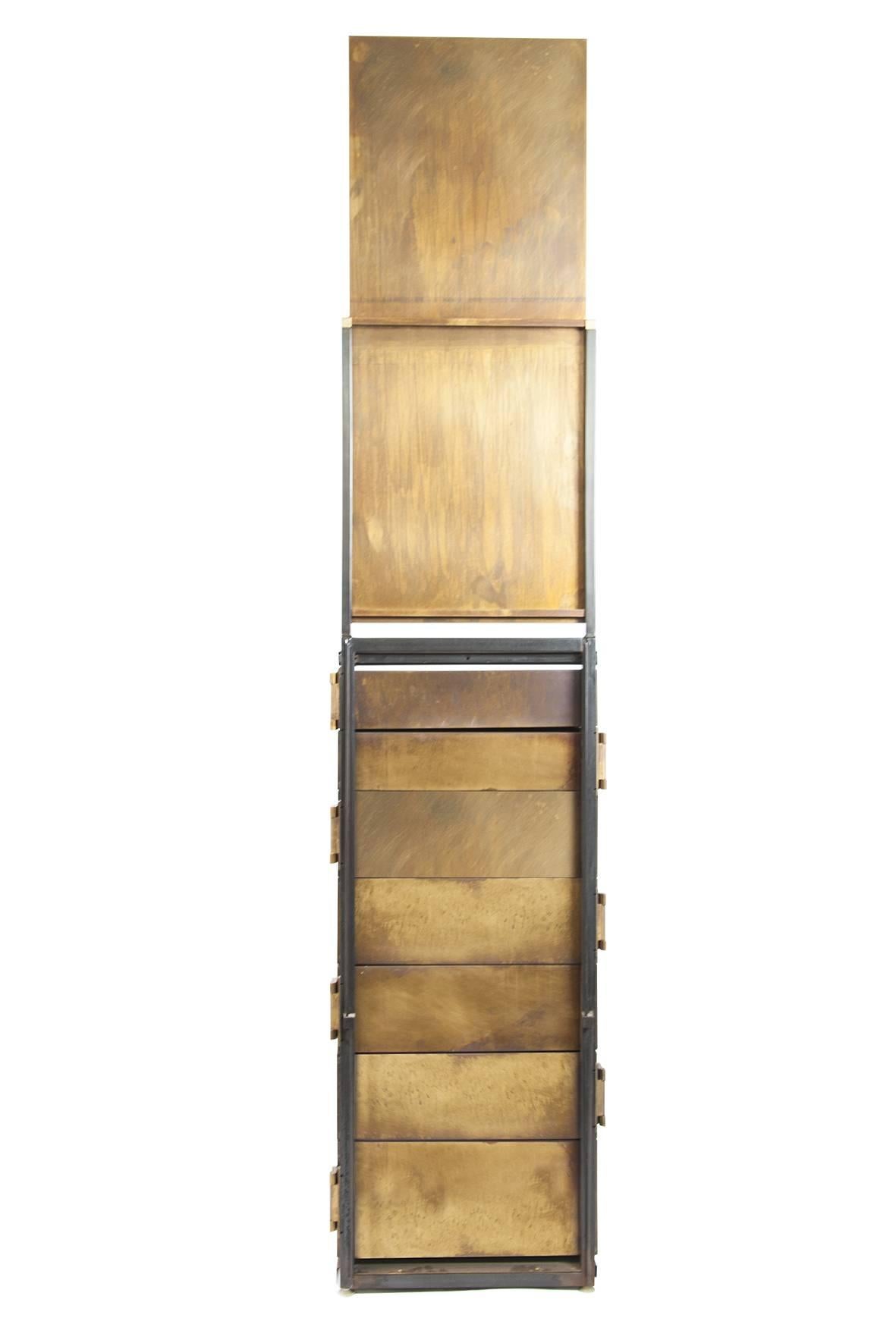 Modern Semainire Made of Tarnished Brass with Rotating Walnut Drawers In New Condition For Sale In Chicago, IL