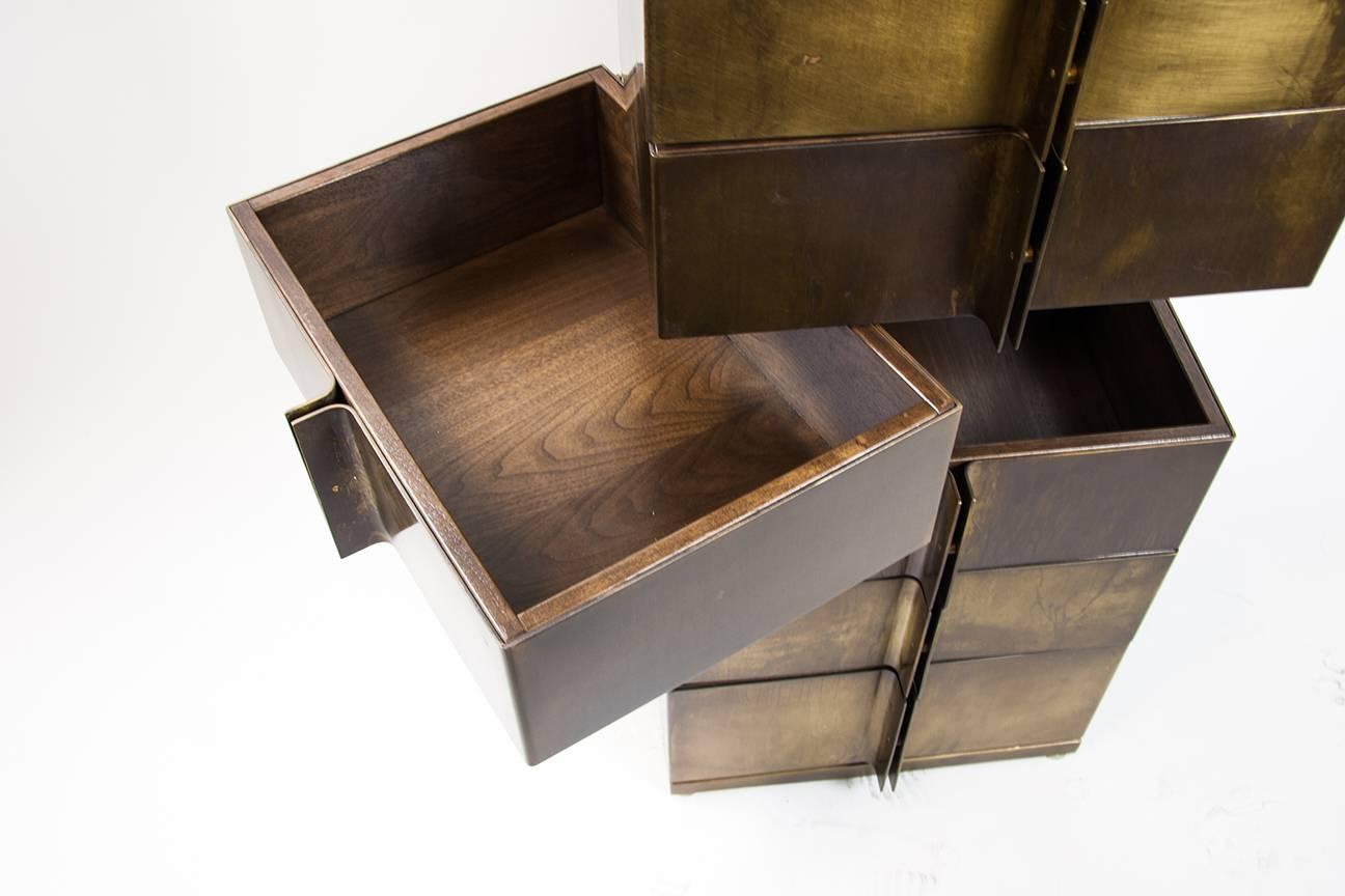 American Modern Semainire Made of Tarnished Brass with Rotating Walnut Drawers For Sale