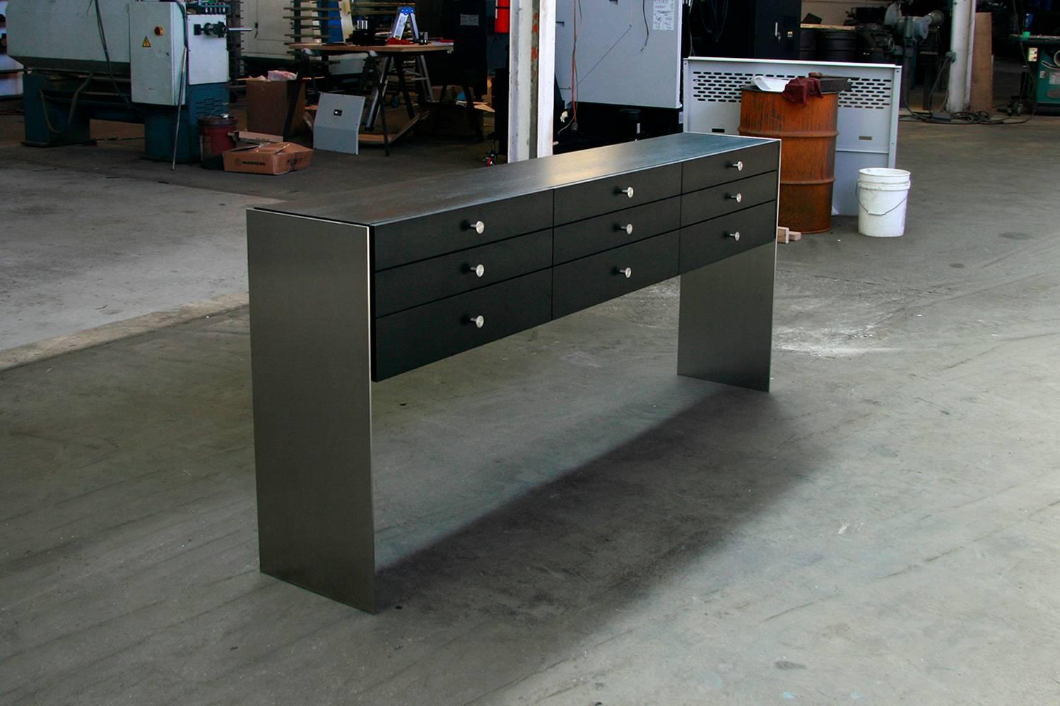 American Custom Credenza Made from Stainless Steel Legs and Walnut Drawers For Sale