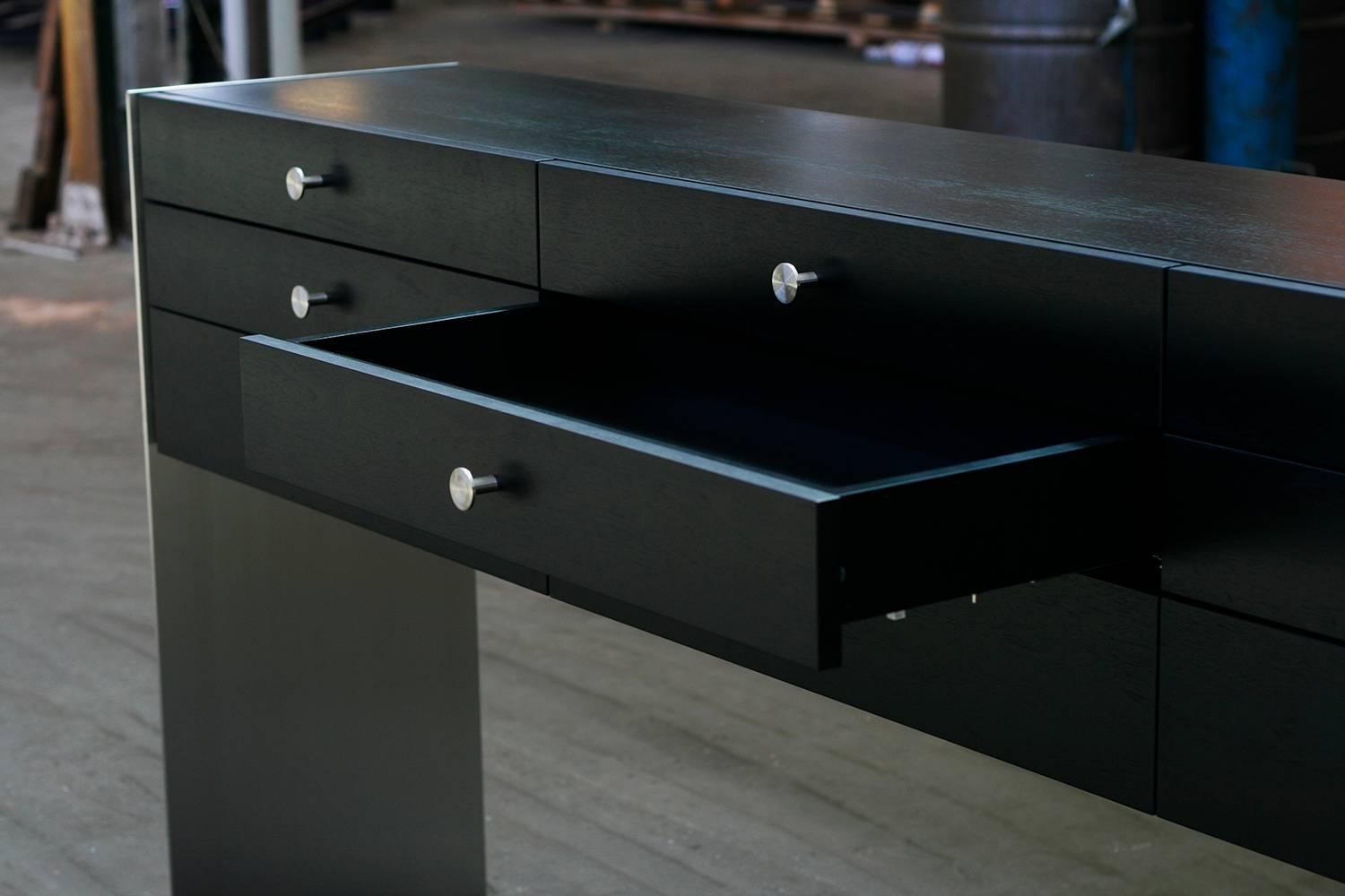 Blackened Custom Credenza Made from Stainless Steel Legs and Walnut Drawers For Sale
