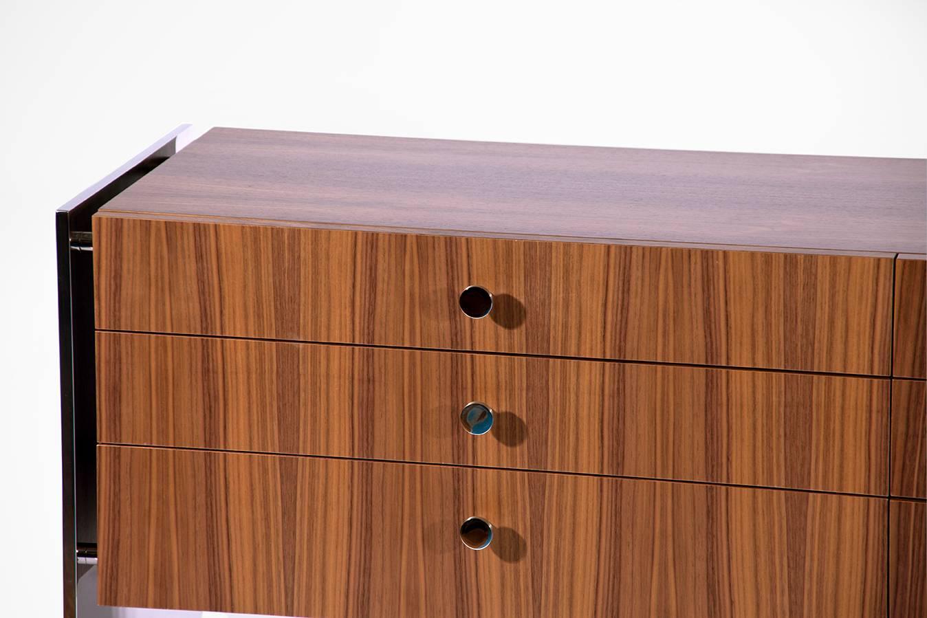 Modern Custom Credenza Made from Stainless Steel Legs and Walnut Drawers For Sale