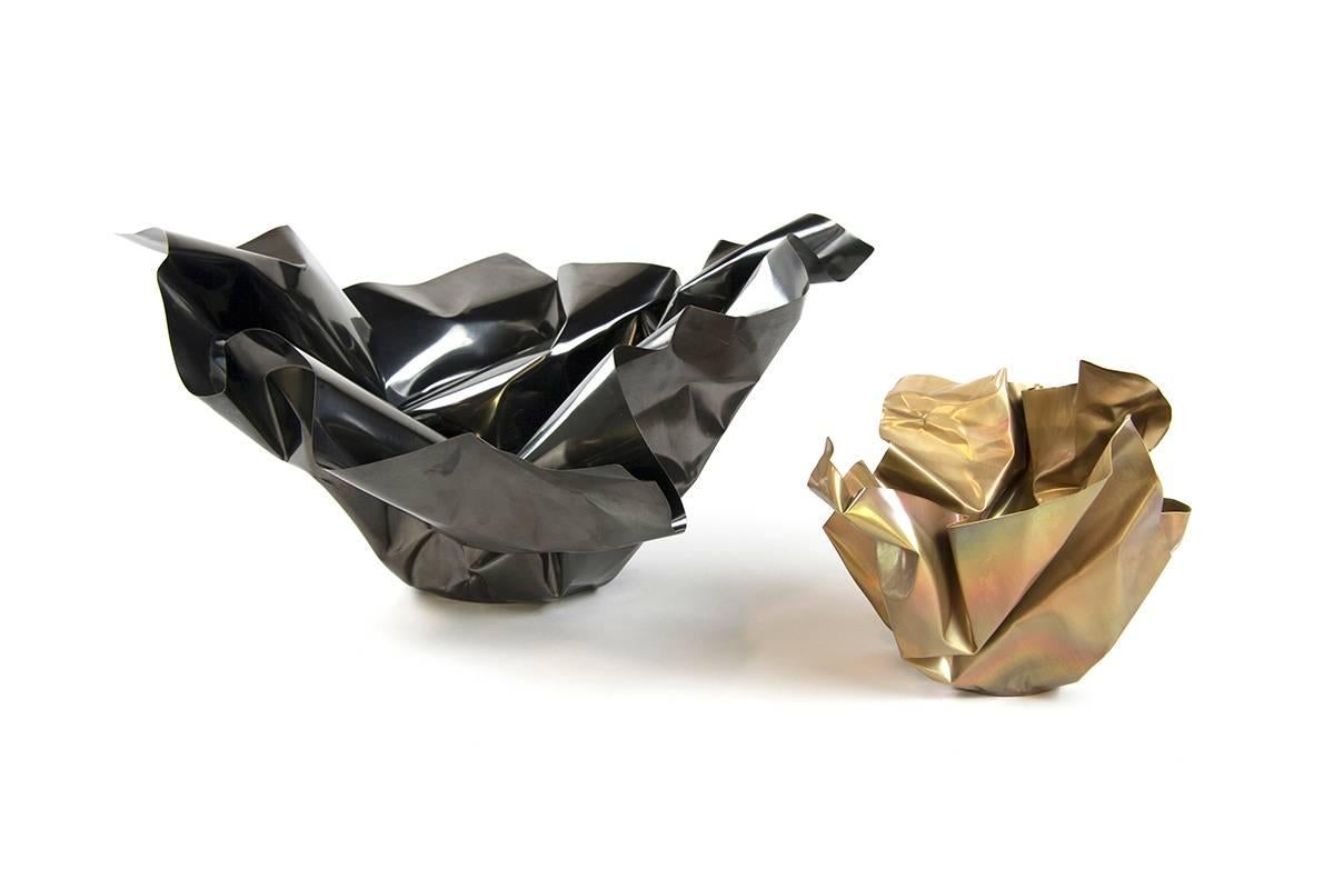 Patinated Paper Bowl 3, Made of Crumpled Brass Sheet, Handcrafted and Formed in Chicago For Sale