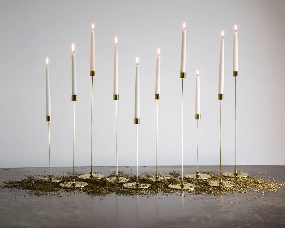 Modern Pin Candle Sticks with Three Sizes, Handcrafted in Brass with Patinated Finishes For Sale