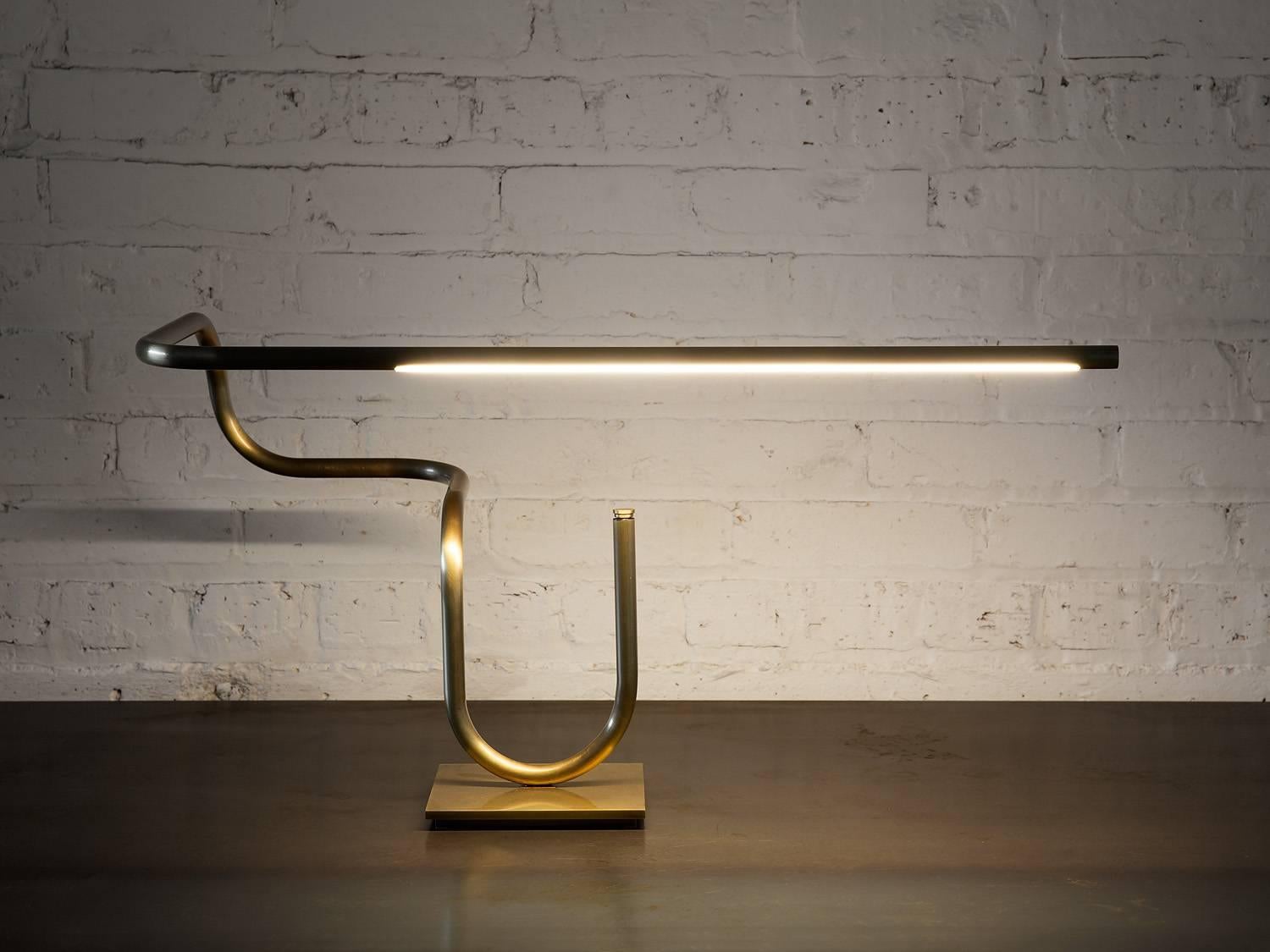 Patinated Tube Desk/Table Lamp, Handmade in Brass by Christopher Gentner For Sale