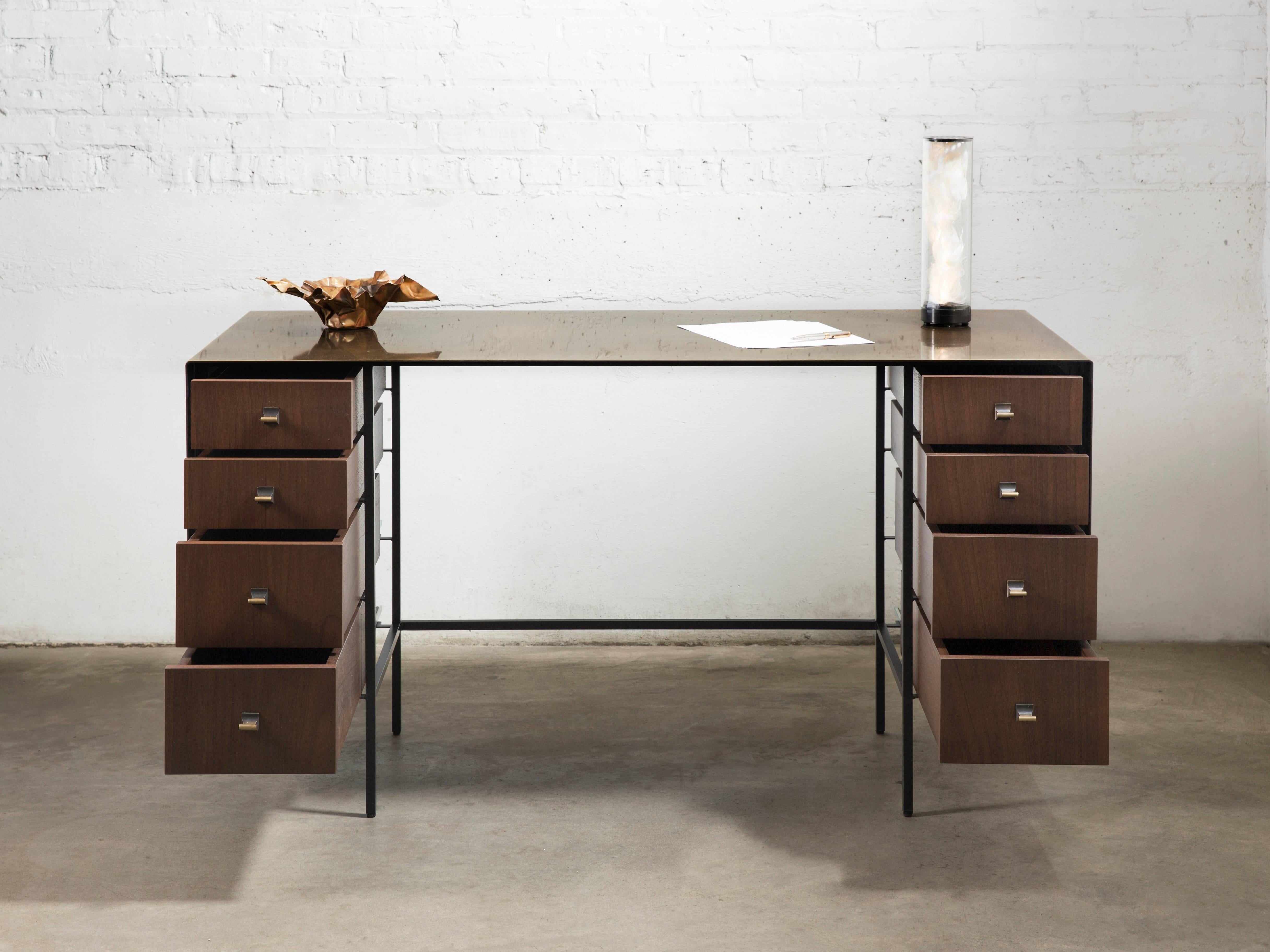 American Custom Bent Office/Writing Desk, Made of Bronze and Walnut Drawers For Sale