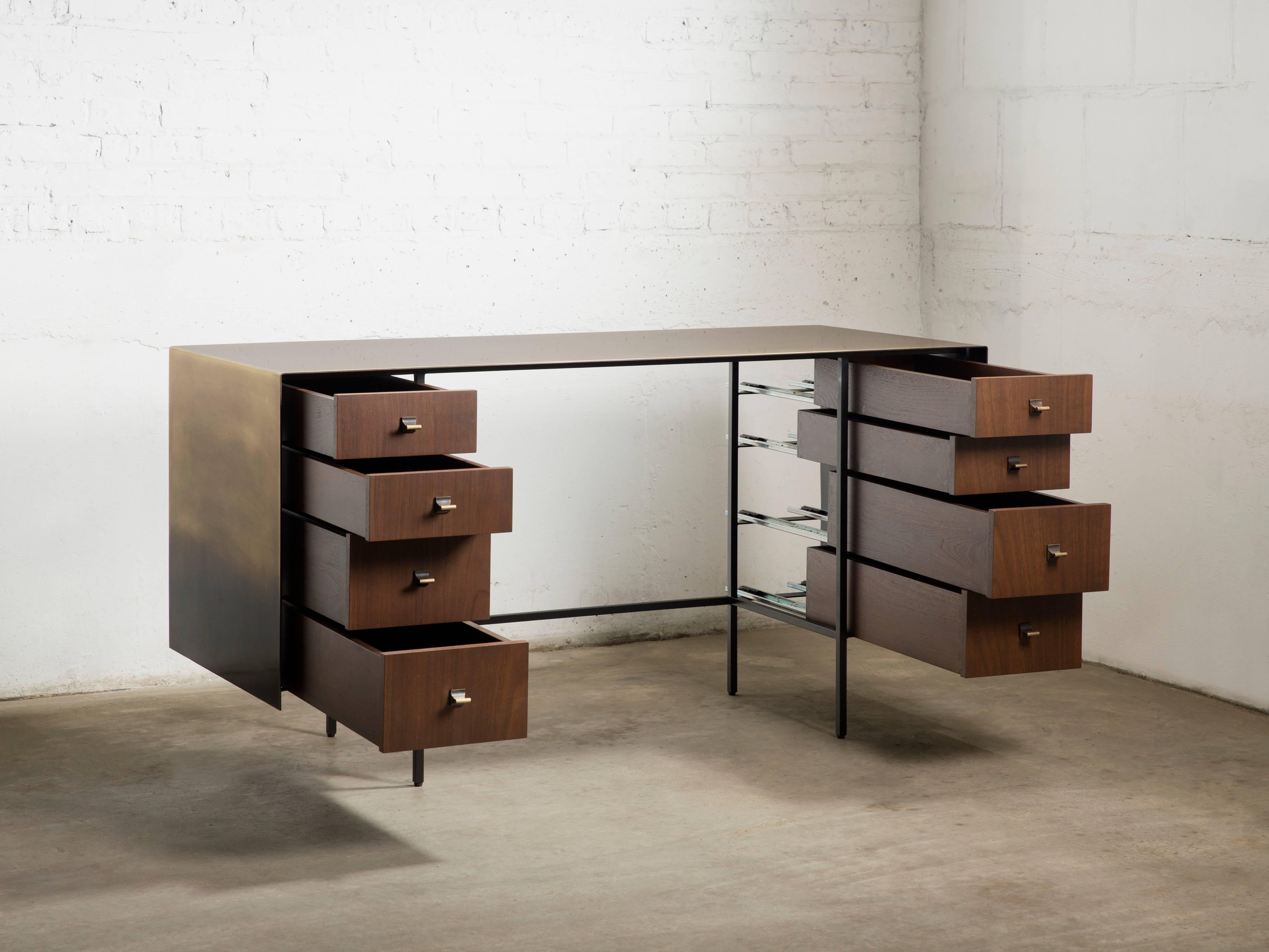 Custom Bent Office/Writing Desk, Made of Bronze and Walnut Drawers In New Condition For Sale In Chicago, IL