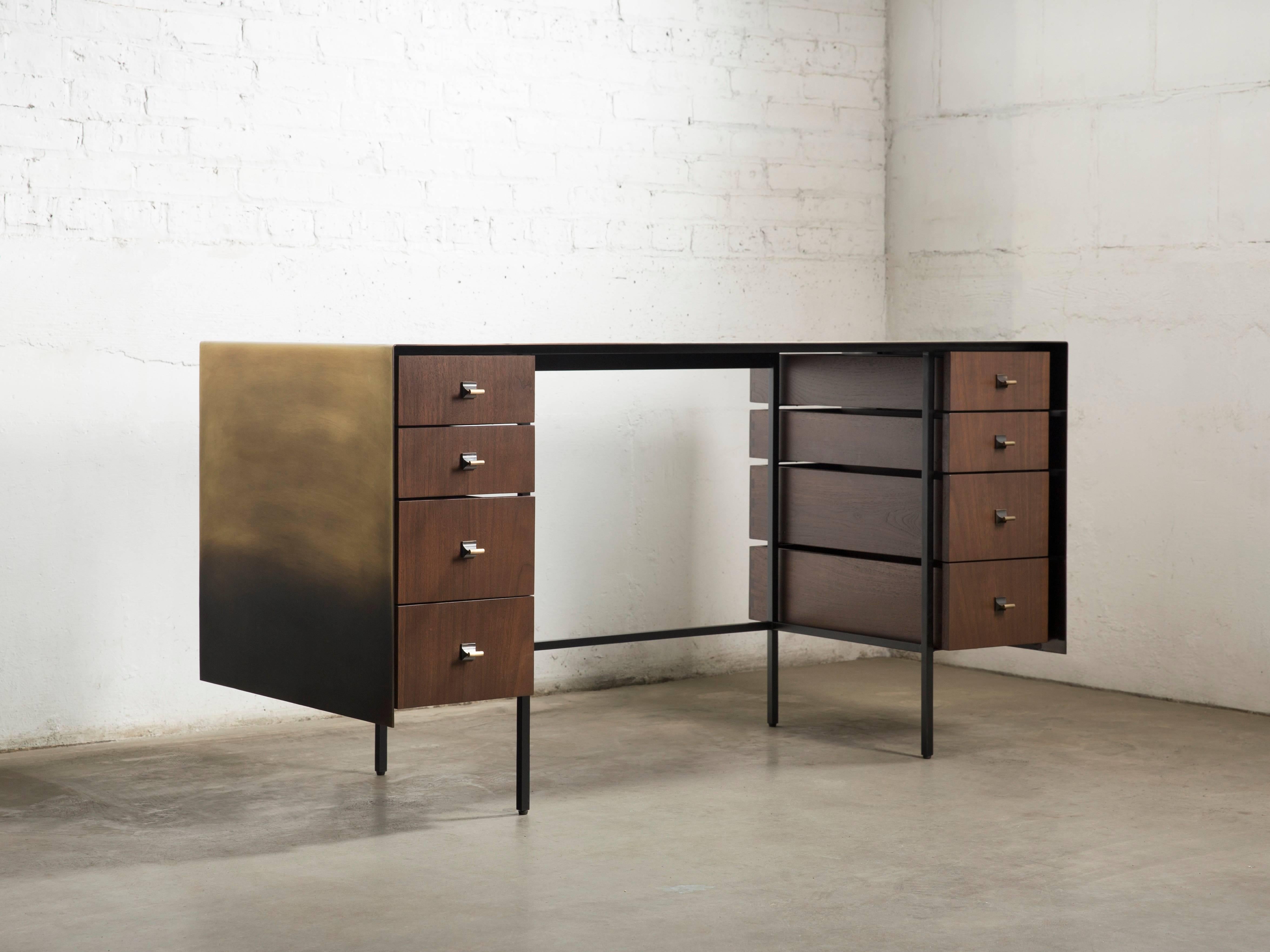 Modern Custom Bent Office/Writing Desk, Made of Bronze and Walnut Drawers For Sale