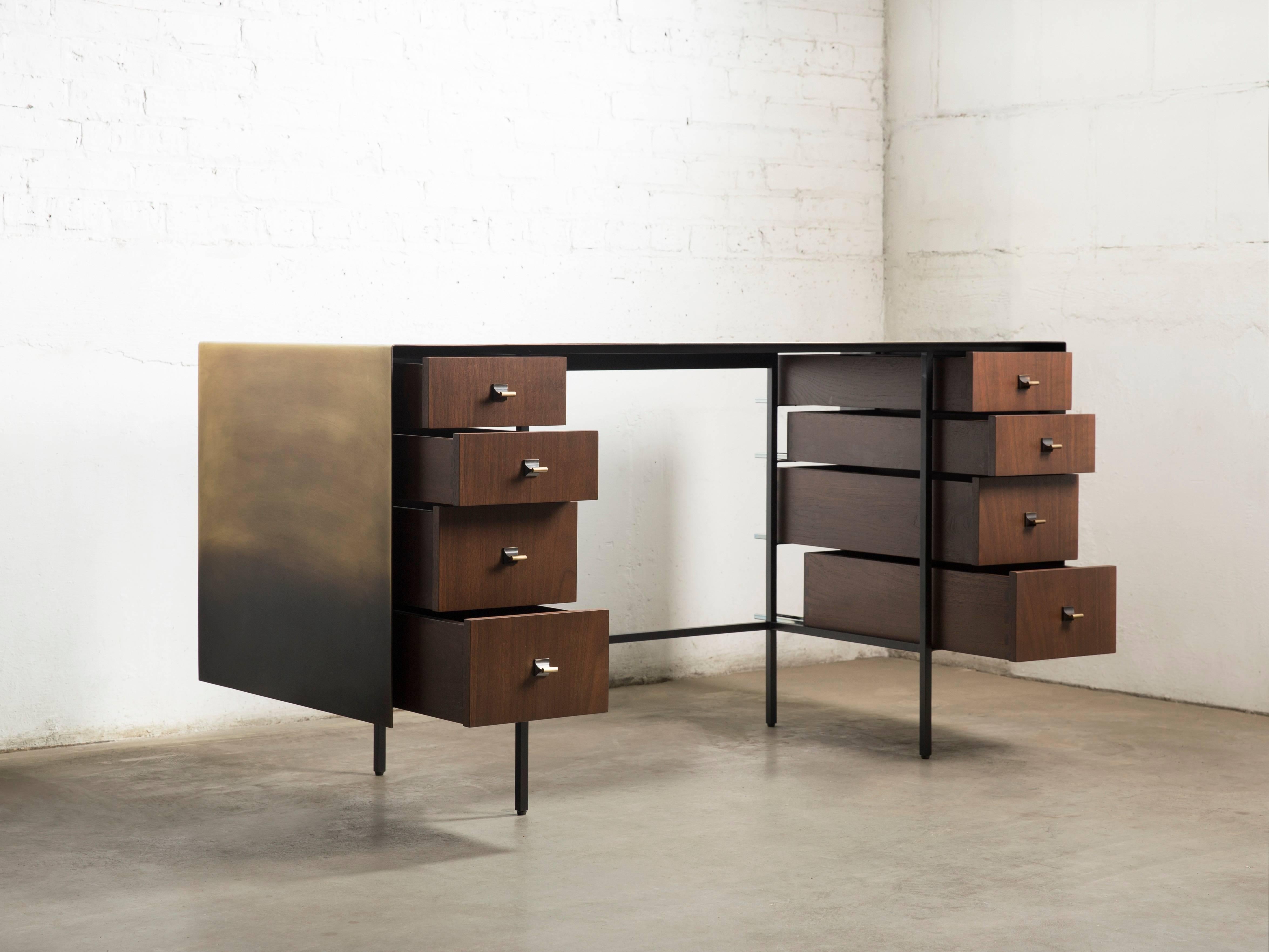 Patinated Custom Bent Office/Writing Desk, Made of Bronze and Walnut Drawers For Sale
