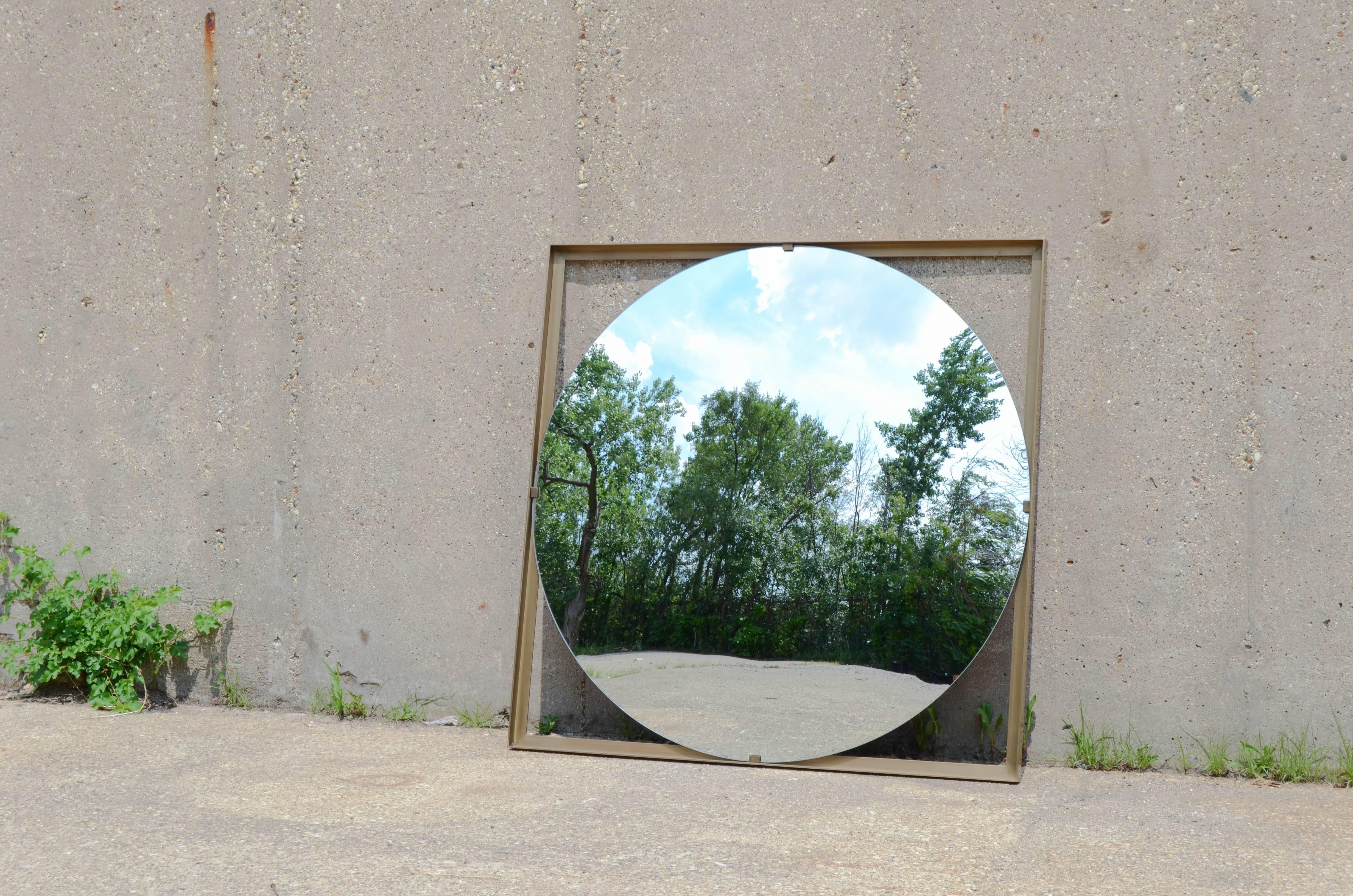 Patinated Convex Galt Mirror with Bronze Frame, Designed by Christopher Gentner For Sale