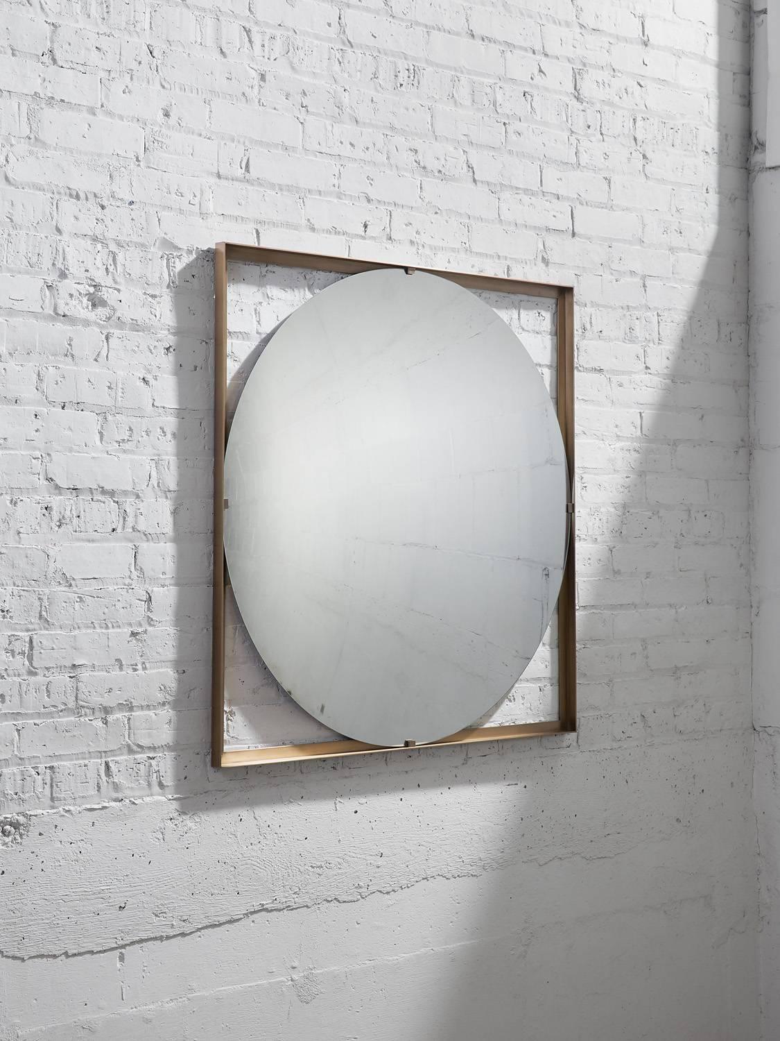 Patinated Convex Galt Mirror with Bronze Frame, Designed by Christopher Gentner For Sale