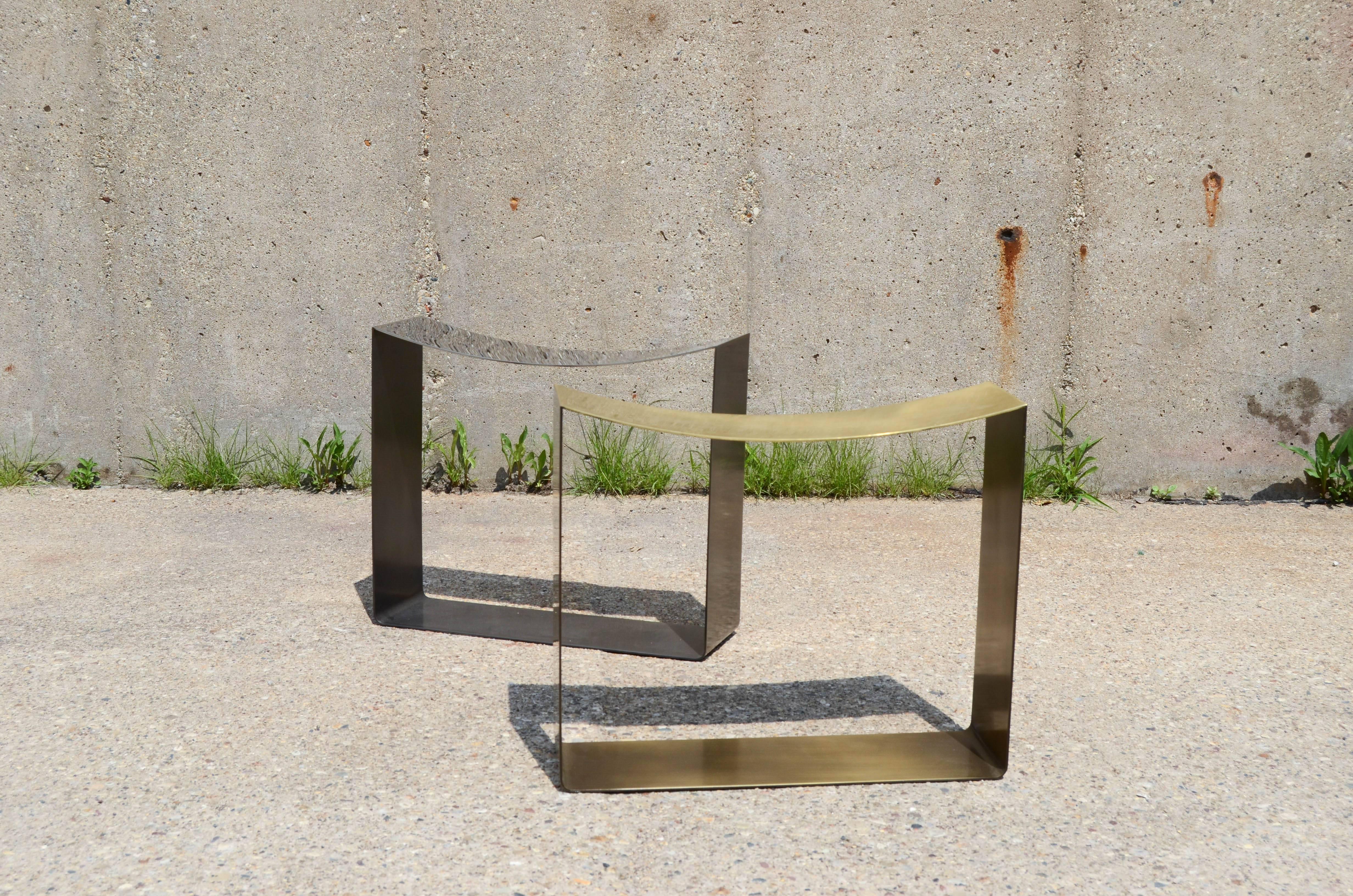 Patinated Ribbon Stool Made with Brass or Stainless Steel Body, Modern and Minimal Seating For Sale