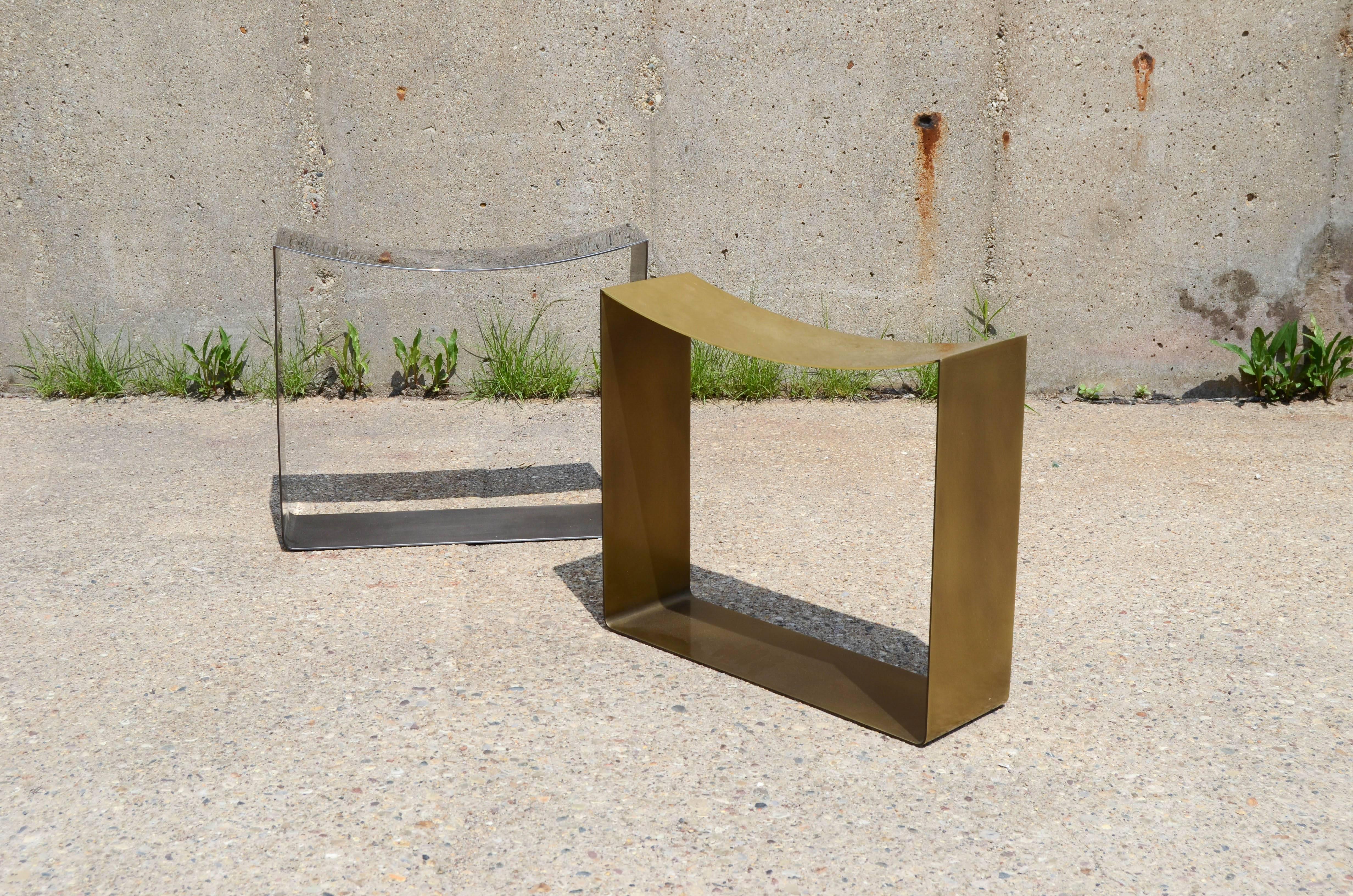 Patinated Ribbon Stool Made with Brass or Stainless Steel Body, Modern and Minimal Seating For Sale