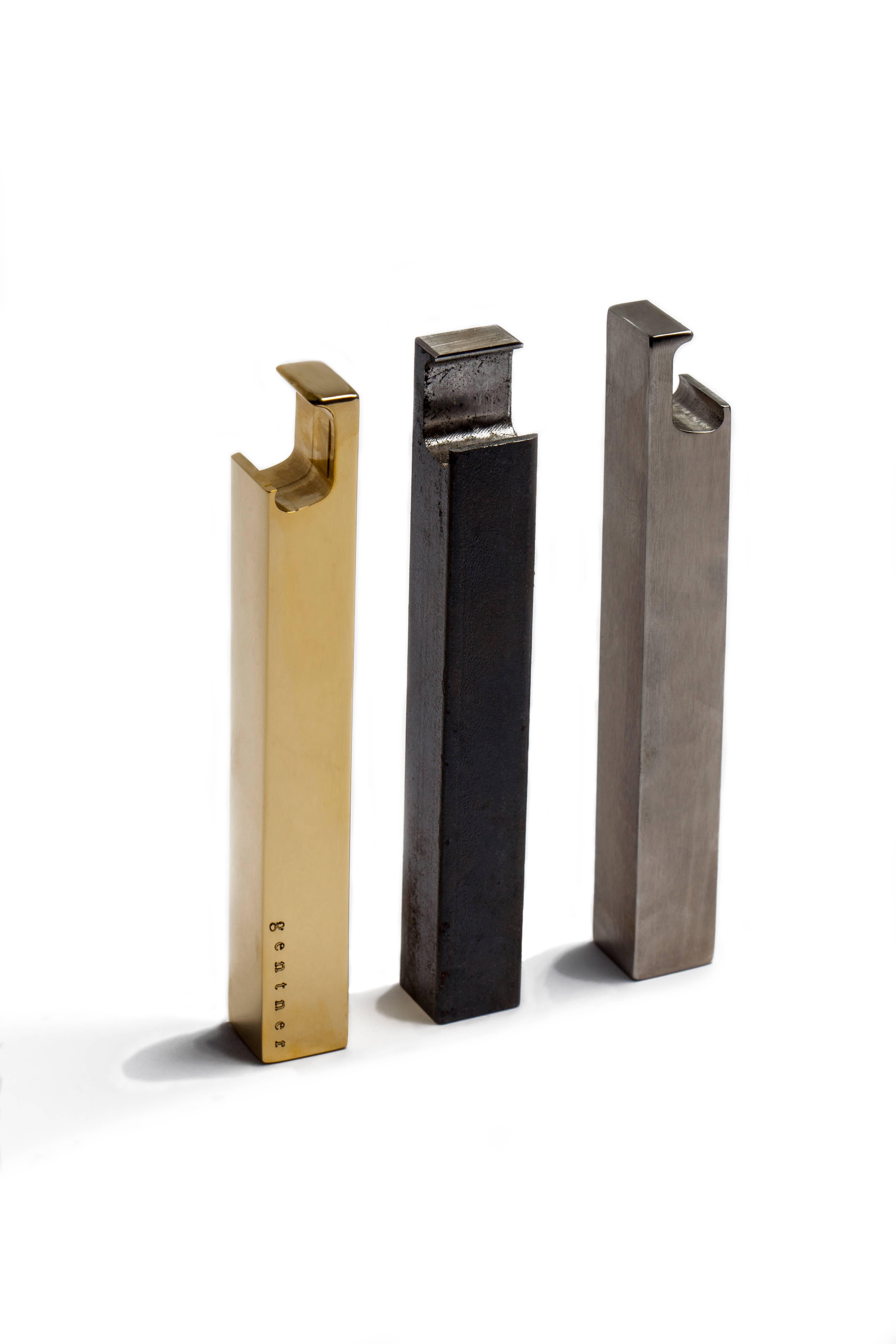 Strong in form and heavy in weight, the bottle openers are elegant in their simplicity and precision. Solid bar stock is transformed through the most minimal intervention possible, creating an object that is highly functional requiring only the
