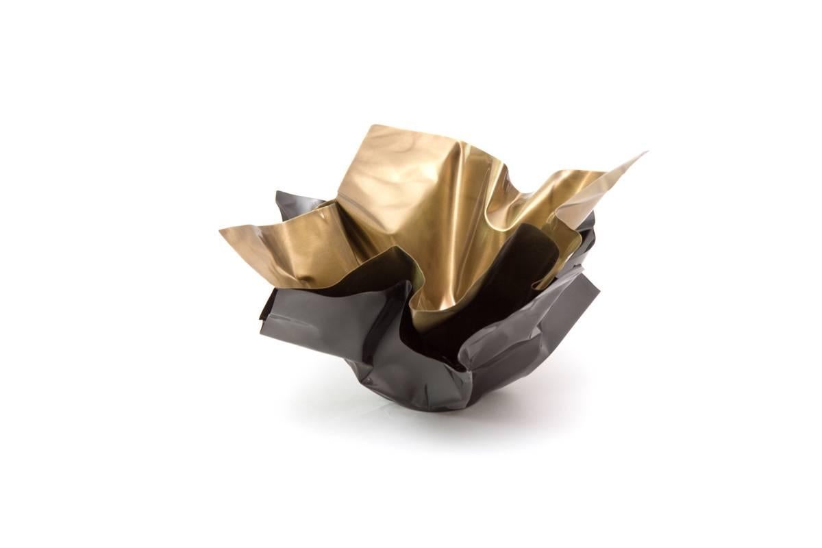 Contemporary Paper Bowl 1, Made of Crumpled Brass Sheet, Handcrafted and Formed in Chicago For Sale
