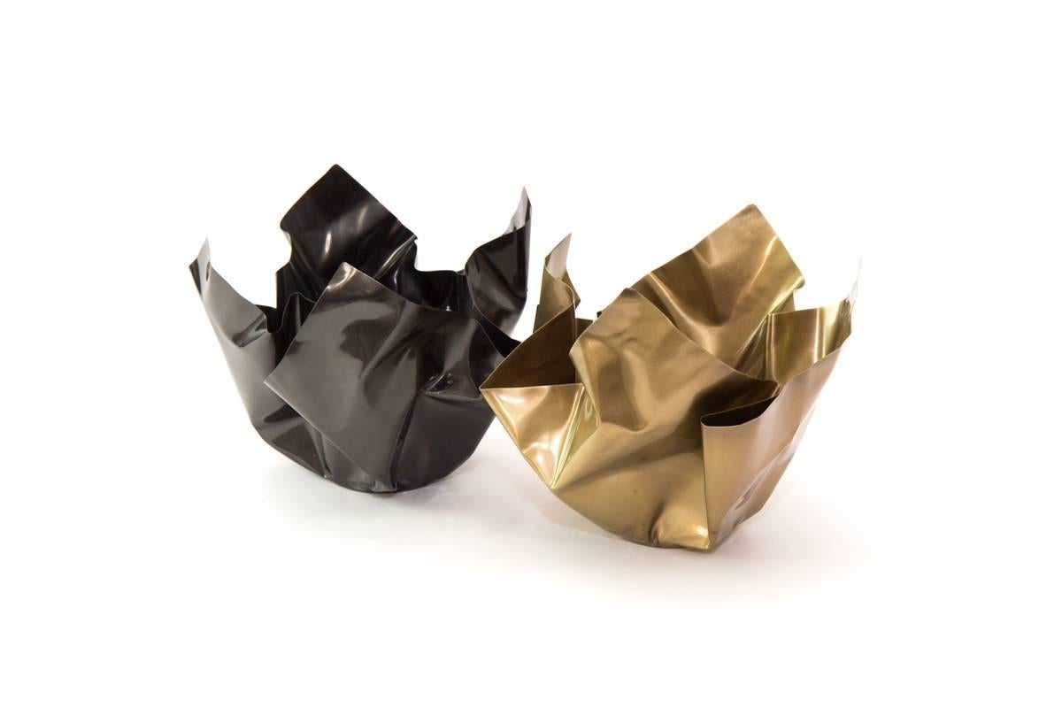 Contemporary Paper Bowl Two, Made of Crumpled Brass Sheet, Handcrafted and Formed in Chicago For Sale