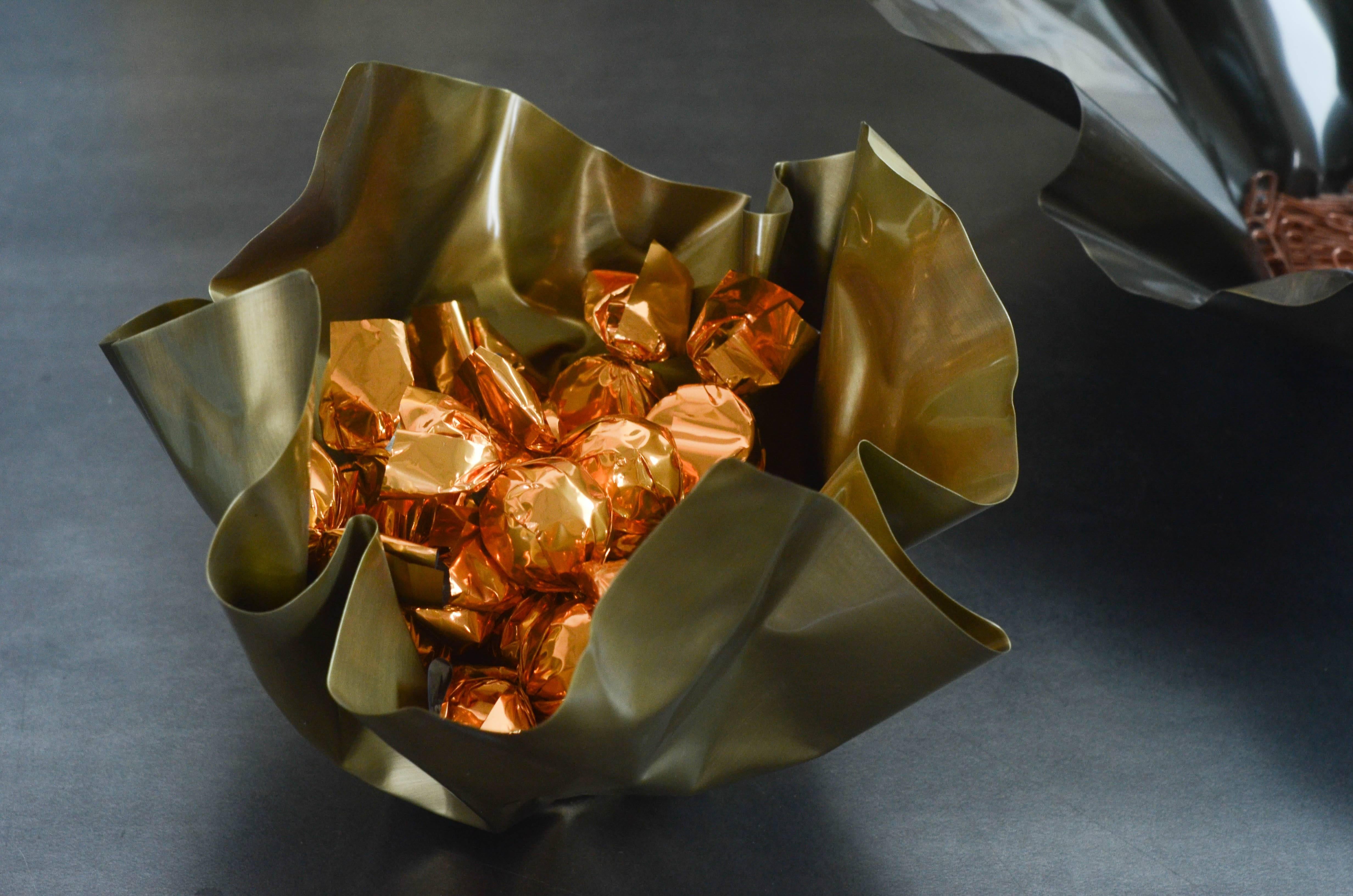 Paper Bowl Two, Made of Crumpled Brass Sheet, Handcrafted and Formed in Chicago For Sale 2