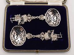 20th Century Dutch Pair of Cased Silver Serving Spoons