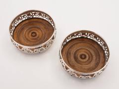 Pair of 20th Century Silver Plated and Walnut Wine Bottle Coasters