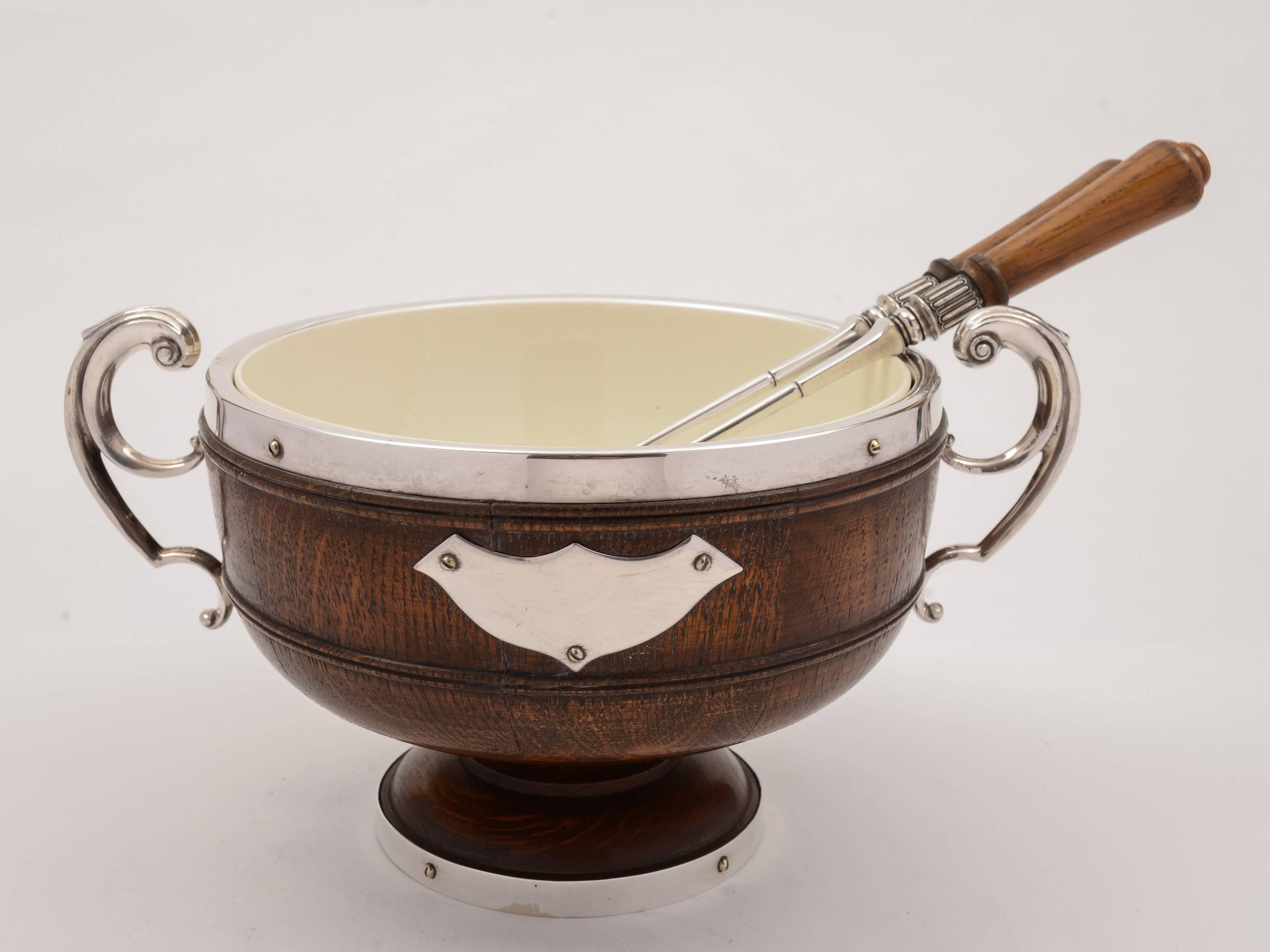 Late Victorian 19th Century Victorian Oak Trophy Style Salad Bowl with Servers