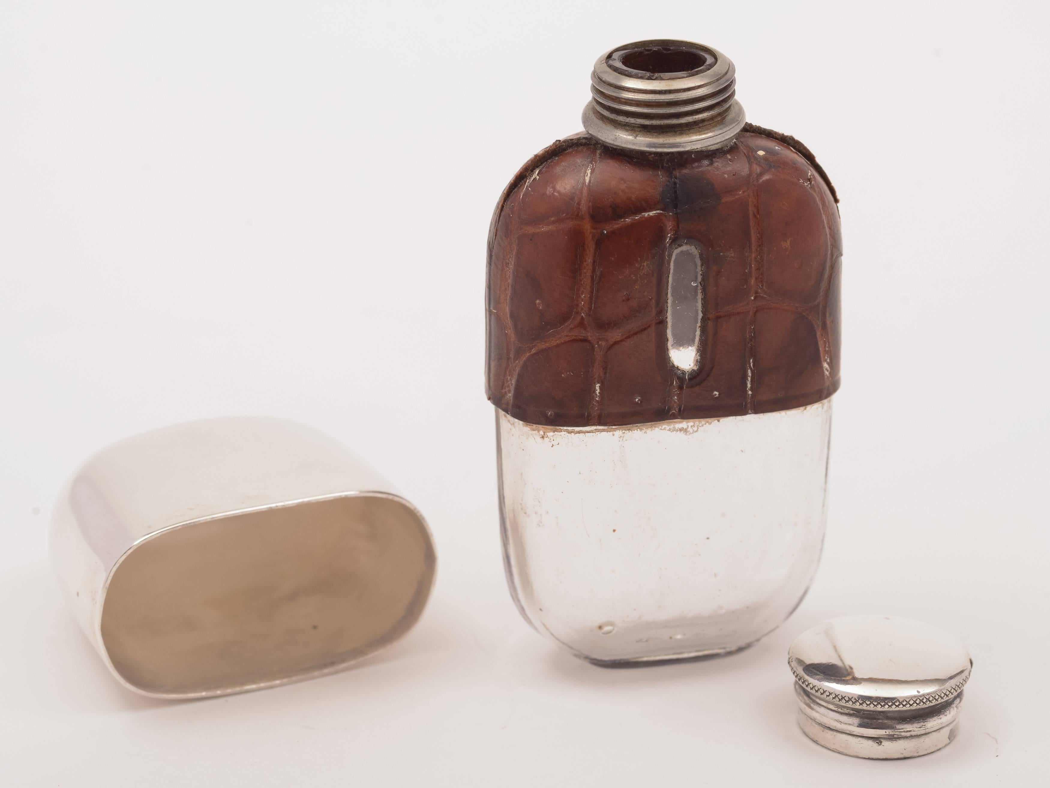 English Small 19th Century Victorian Crocodile Skin Covered Flask For Sale