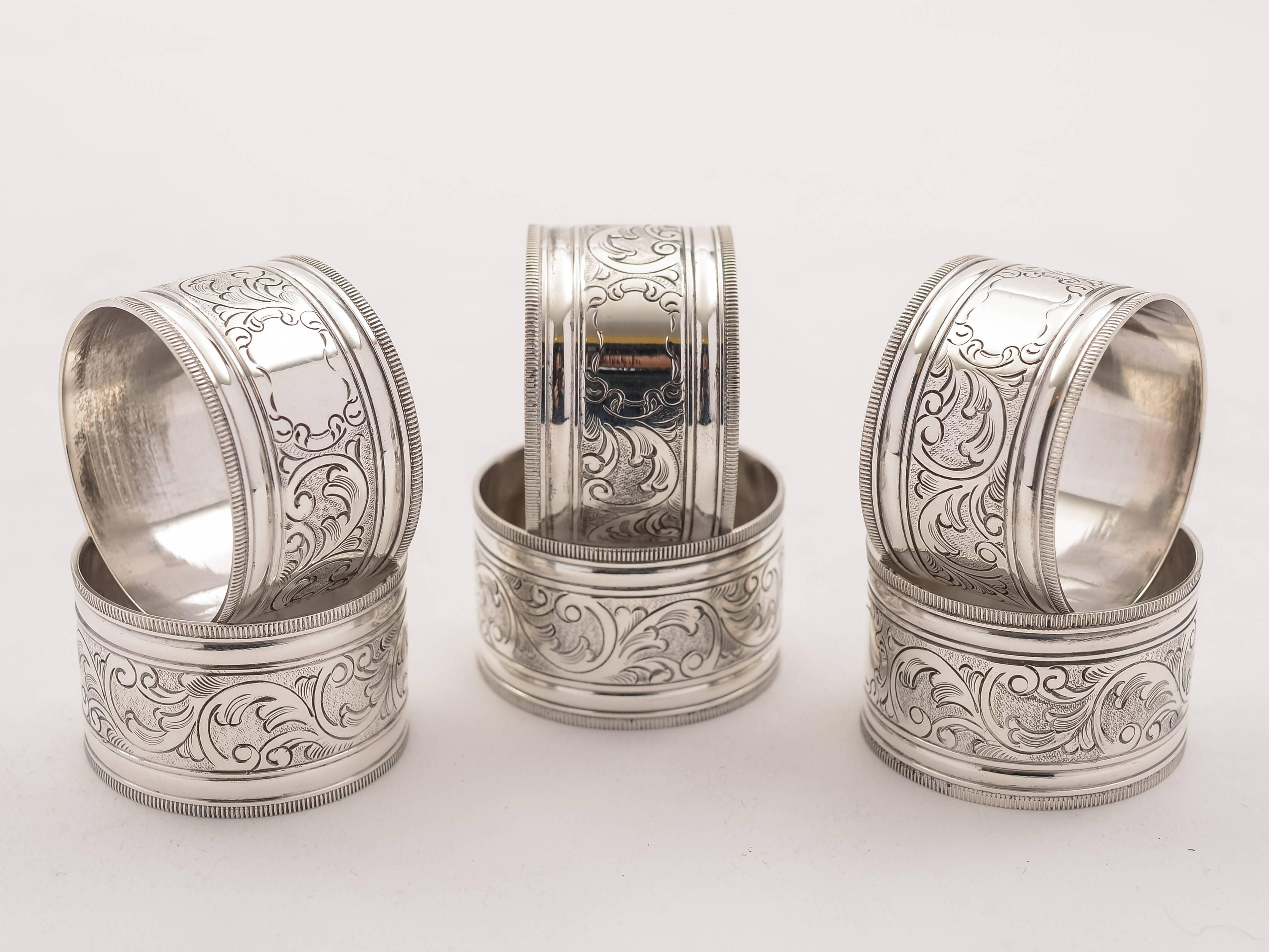 Late Victorian Set of Six 19th Century Victorian Silver Plated Napkin Rings For Sale